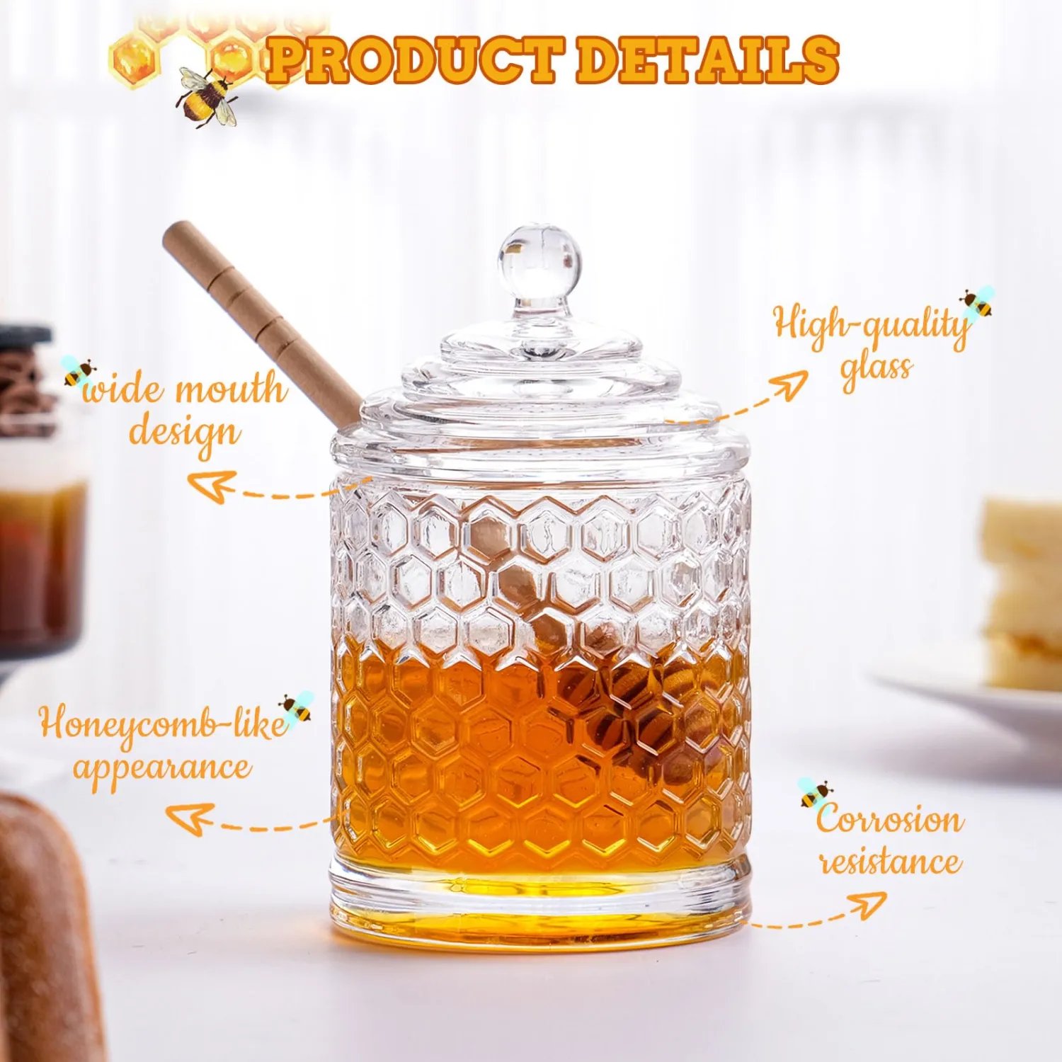 WHJY 9oz Honey Pot with Dipper Small Honey Jar with Dipper Cut Honey Combs Containers Clear Glass Honey Jar with Hive Shape Lid