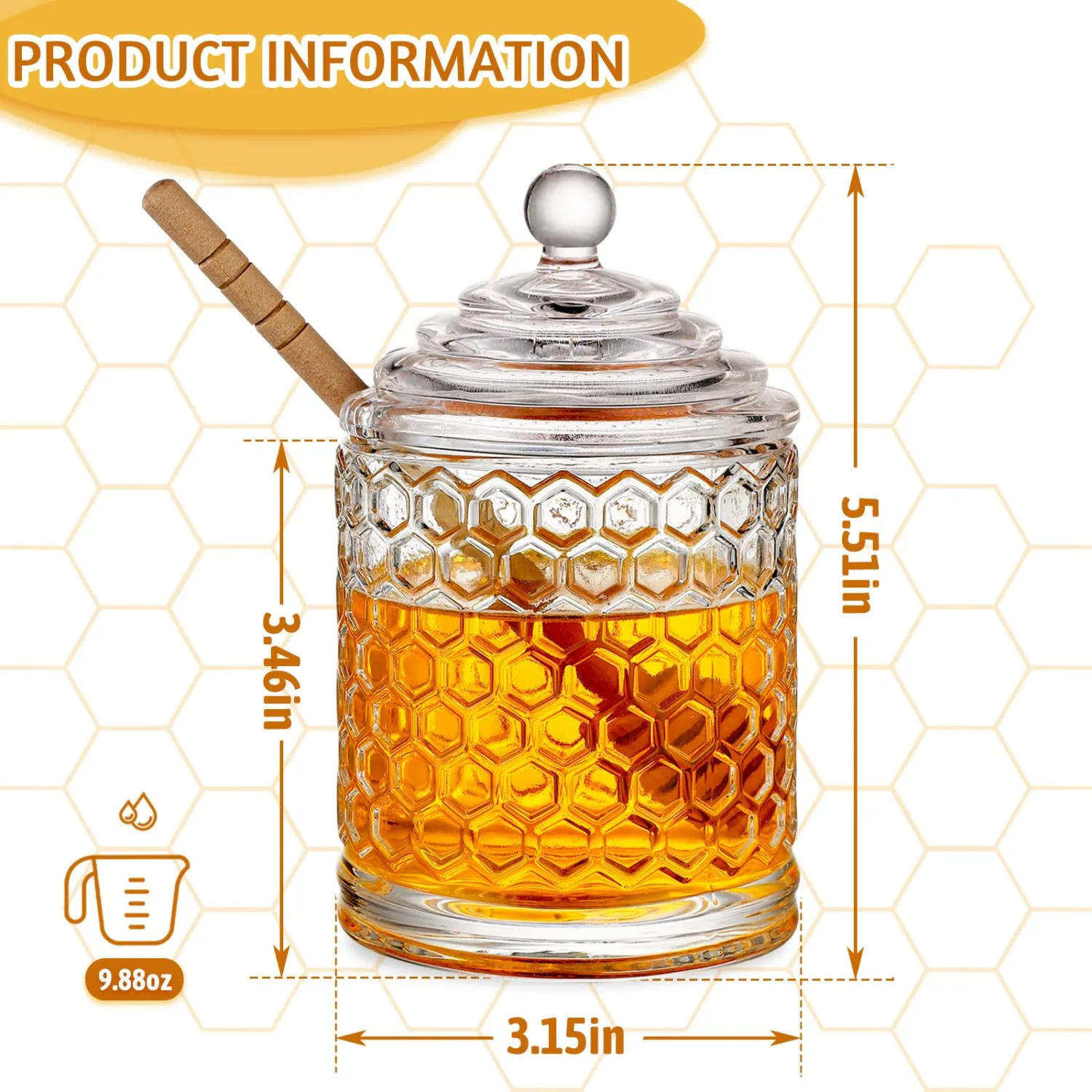 WHJY 9oz Honey Pot with Dipper Small Honey Jar with Dipper Cut Honey Combs Containers Clear Glass Honey Jar with Hive Shape Lid