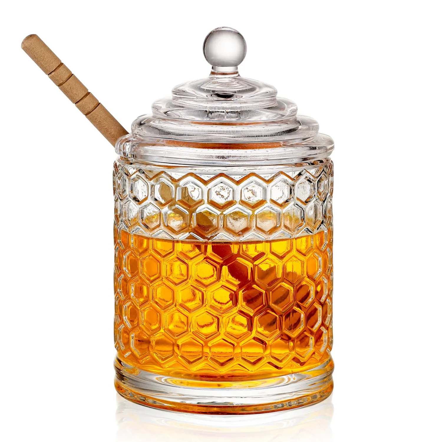 WHJY 9oz Honey Pot with Dipper Small Honey Jar with Dipper Cut Honey Combs Containers Clear Glass Honey Jar with Hive Shape Lid
