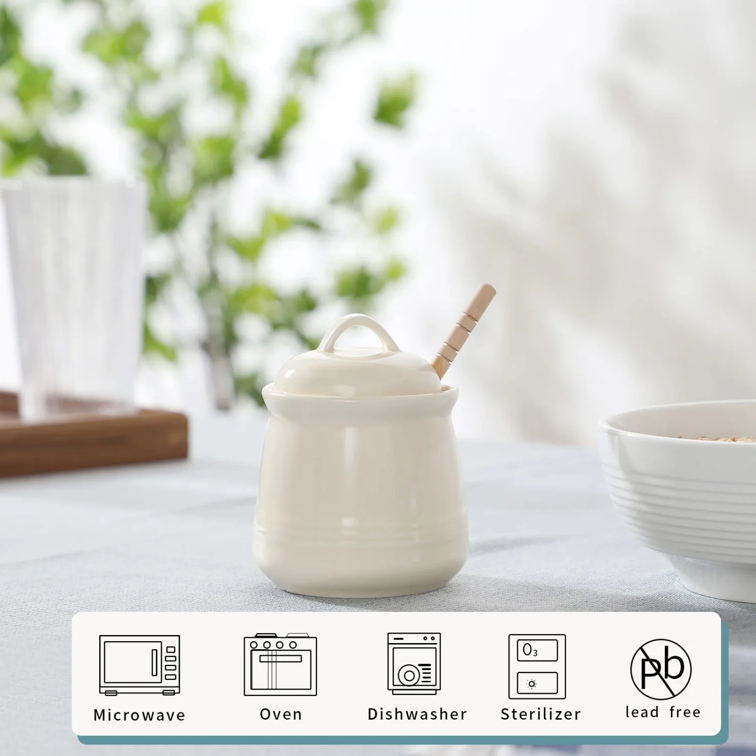HAOTOP Ceramic Honey pot with Lid and Honey Dipper,Porcelain Honey Jar Easy to Clean and Dishwasher Safe,12oz (Beige)