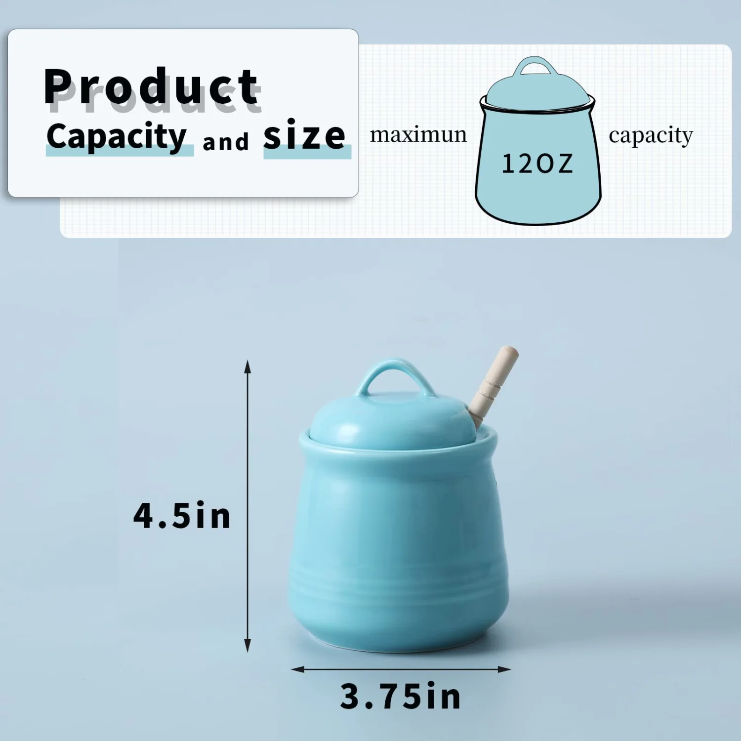 HAOTOP Ceramic Honey pot with Lid and Honey Dipper,Porcelain Honey Jar Easy to Clean and Dishwasher Safe,12oz (Blue)