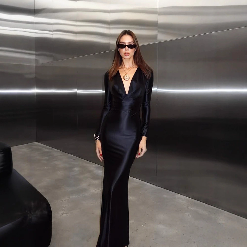 V-neck Satin-gloss Silk Evening Gown Dress