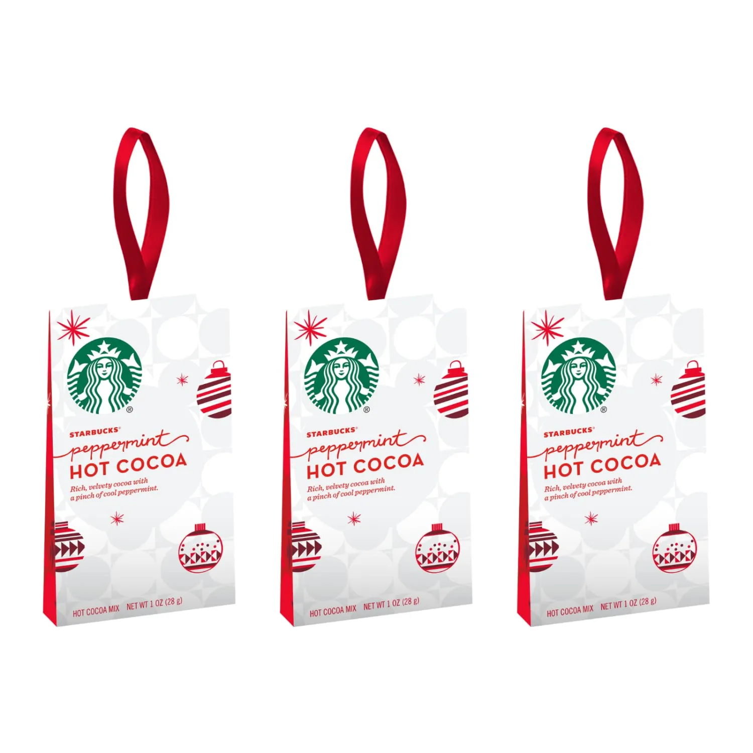 Starbucks Hot Cocoa Mix Ornament, Peppermint Hot Cocoa, Velvety Cocoa with Peppermint, Hanging Holiday Ornament Hot Cocoa Mix Packet, 1-Ounce (Pack of 3)