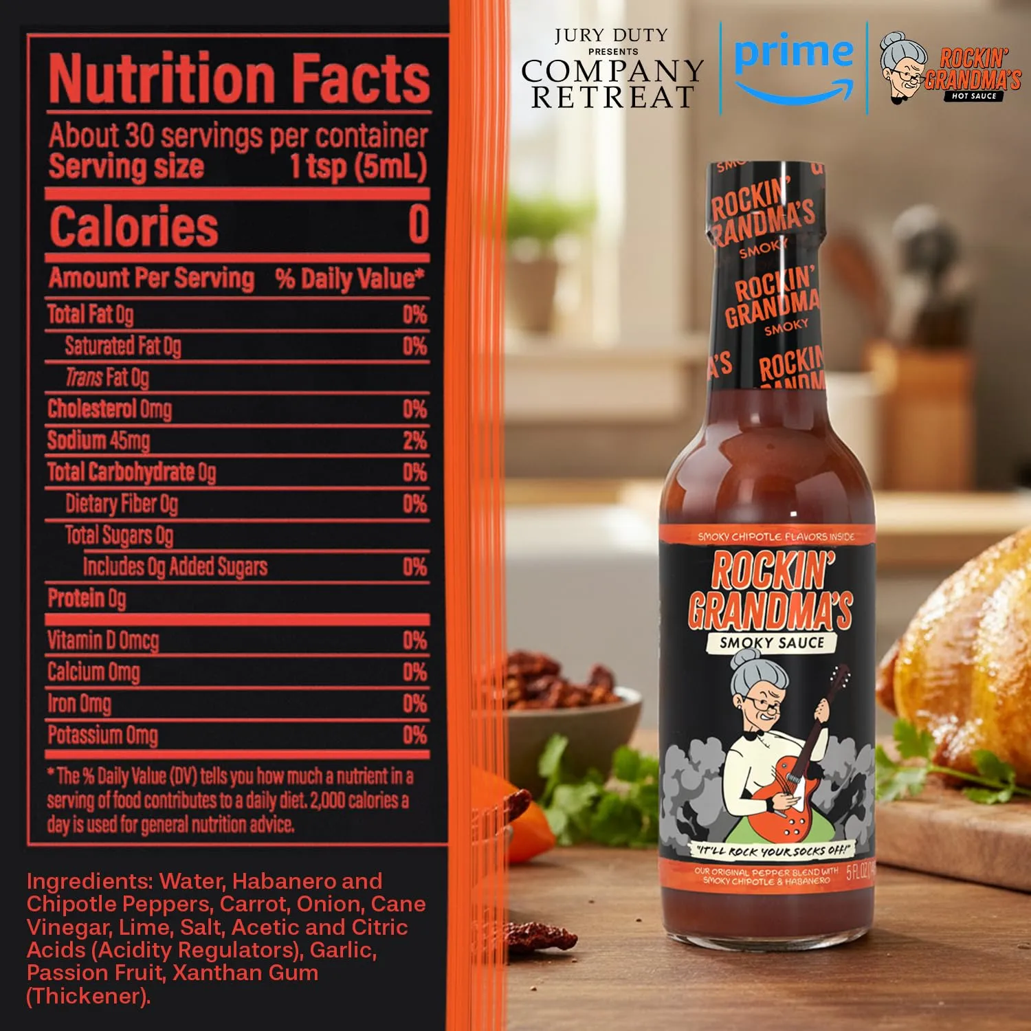 Rockin’ Grandma’s Smoky Sauce by Dave’s Gourmet - 5 fl oz Bottle - Featured on Prime Video’s Jury Duty: Company Retreat - Zero Calorie Bold Smoky Hot Sauce with Habanero, Chipotle & Passion Fruit