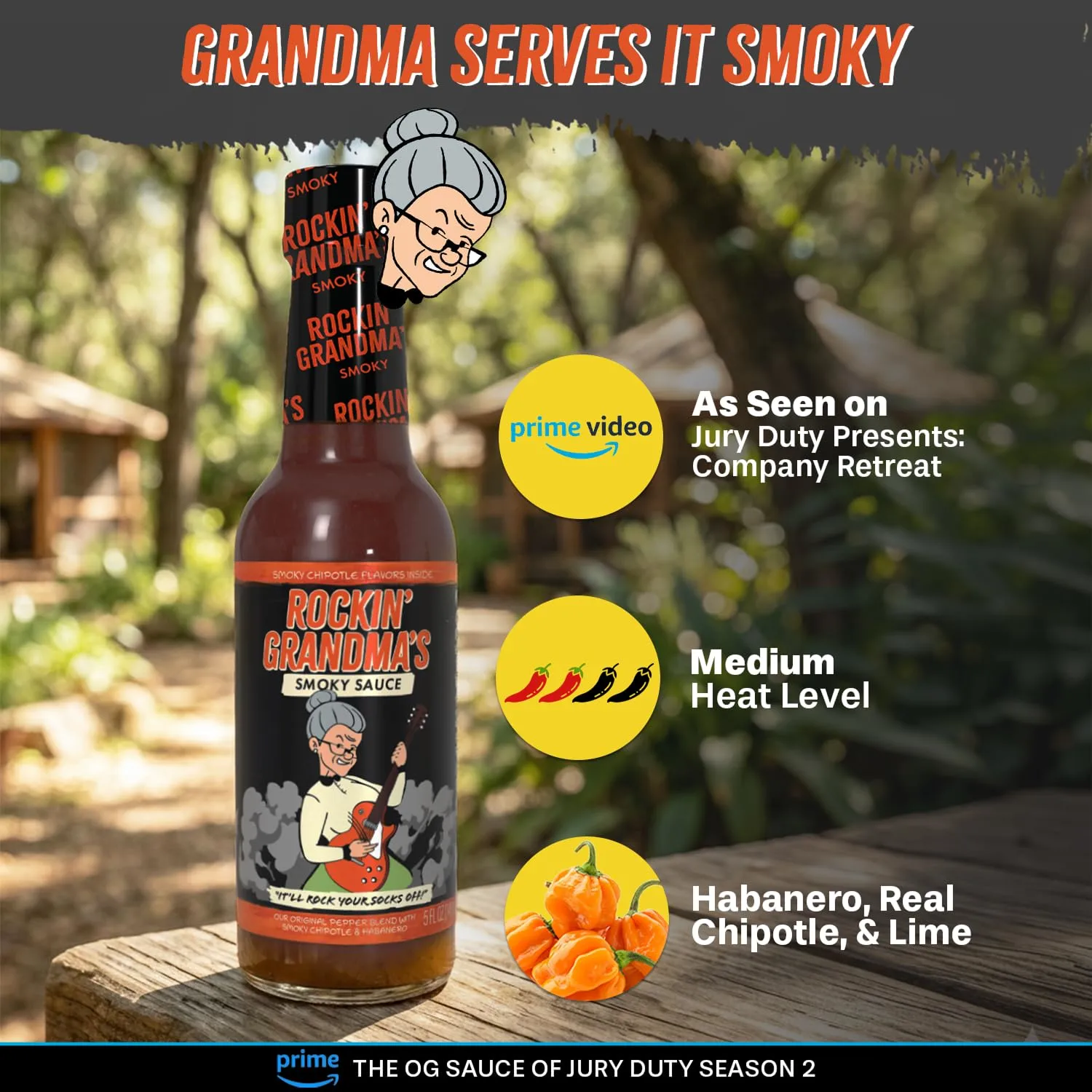 Rockin’ Grandma’s Smoky Sauce by Dave’s Gourmet - 5 fl oz Bottle - Featured on Prime Video’s Jury Duty: Company Retreat - Zero Calorie Bold Smoky Hot Sauce with Habanero, Chipotle & Passion Fruit