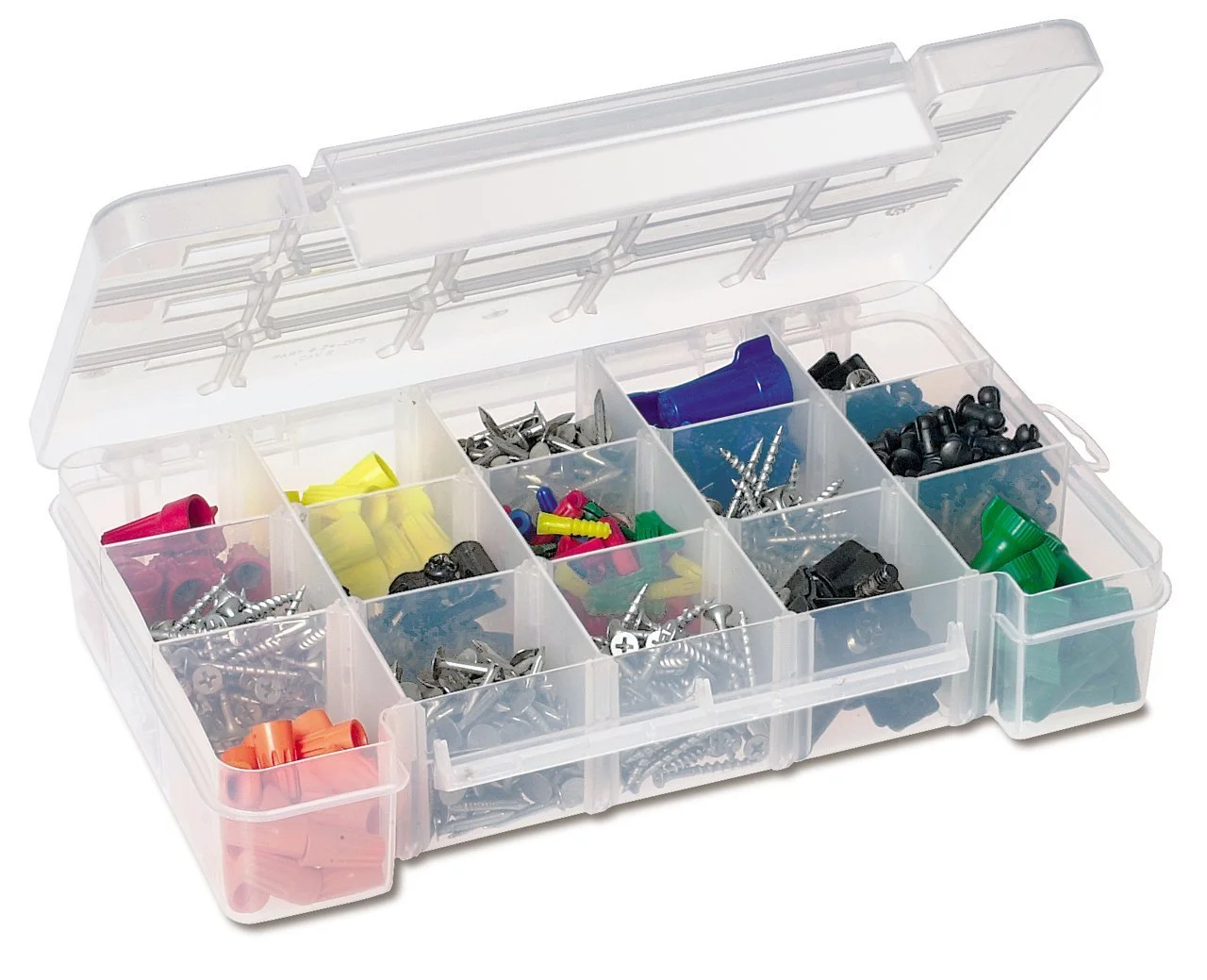 Akro-Mils 05805 Plastic Portable Parts Storage Case for Hardware and Crafts with Hinged Lid and 4 Adjustable Dividers, (11-Inch x 7-Inch x 2-3/8-Inch), Medium, Clear