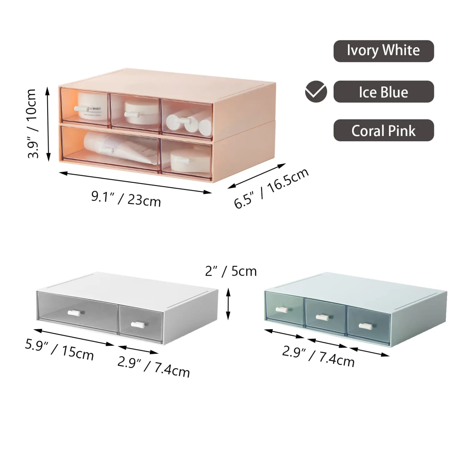 Desktop Organiser with 5 Drawers, Stackable Plastic Storage Box on Desk, Small Drawers Storage Unit for Home Collection, Cosmetics, Office Supplies (2 Flat Layers, Blue)