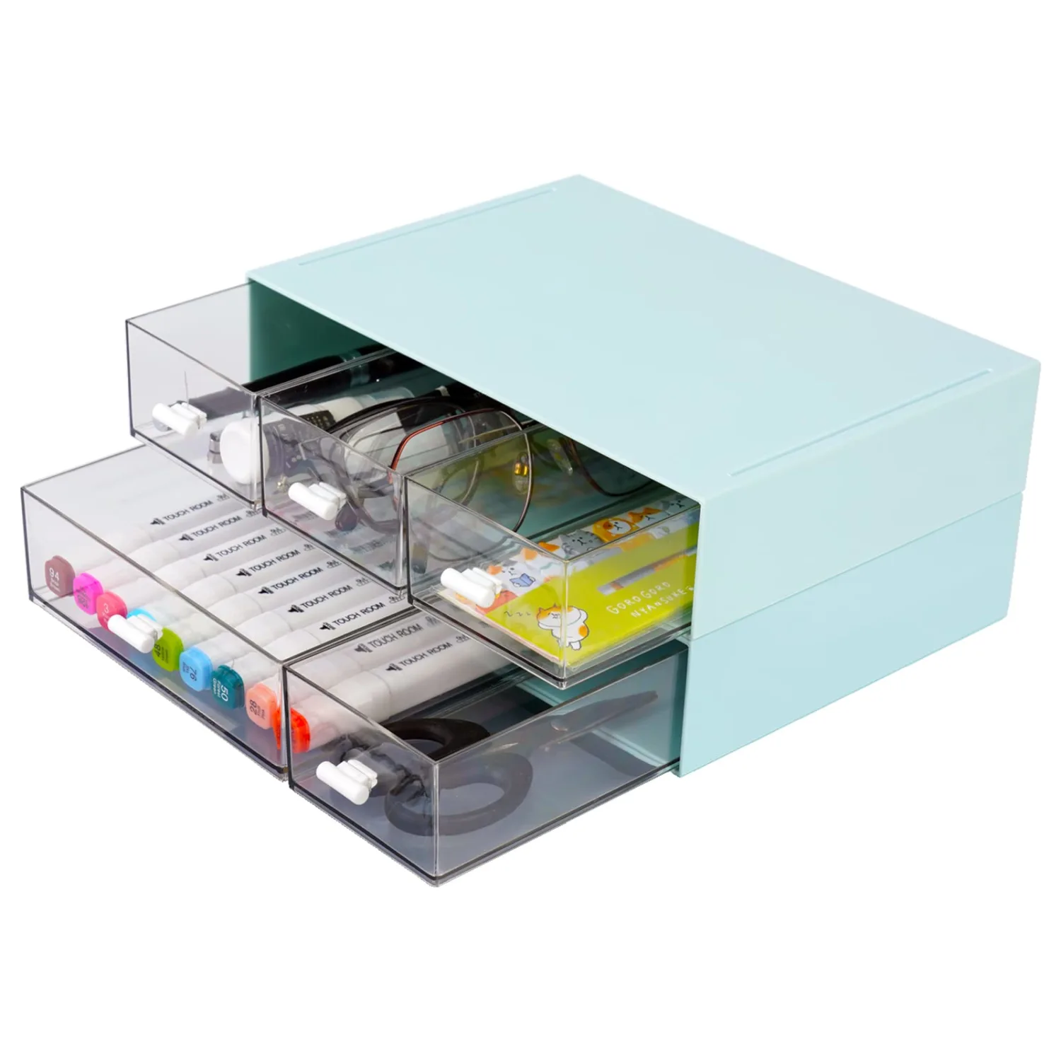 Desktop Organiser with 5 Drawers, Stackable Plastic Storage Box on Desk, Small Drawers Storage Unit for Home Collection, Cosmetics, Office Supplies (2 Flat Layers, Blue)