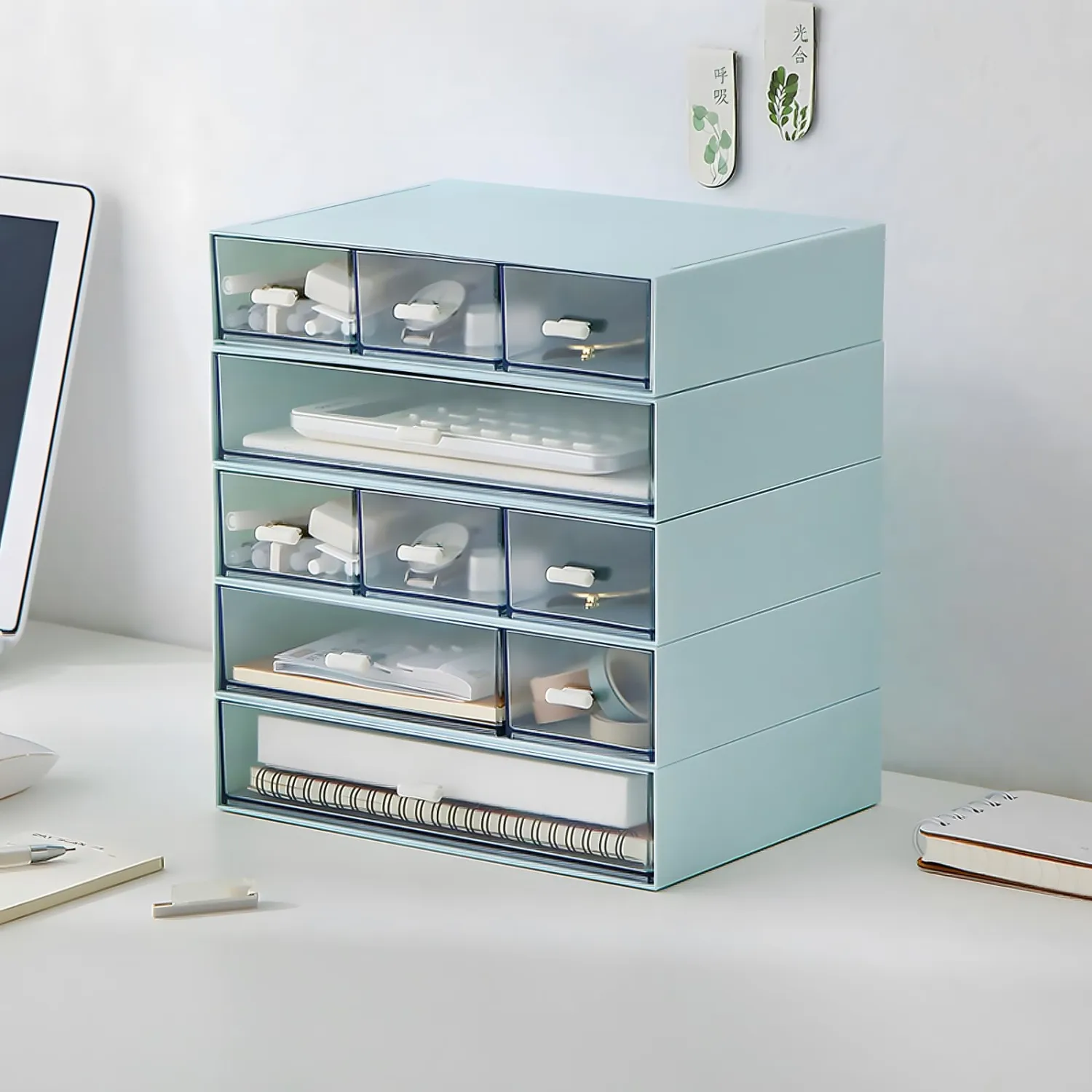 Desktop Organiser with 5 Drawers, Stackable Plastic Storage Box on Desk, Small Drawers Storage Unit for Home Collection, Cosmetics, Office Supplies (2 Flat Layers, Blue)