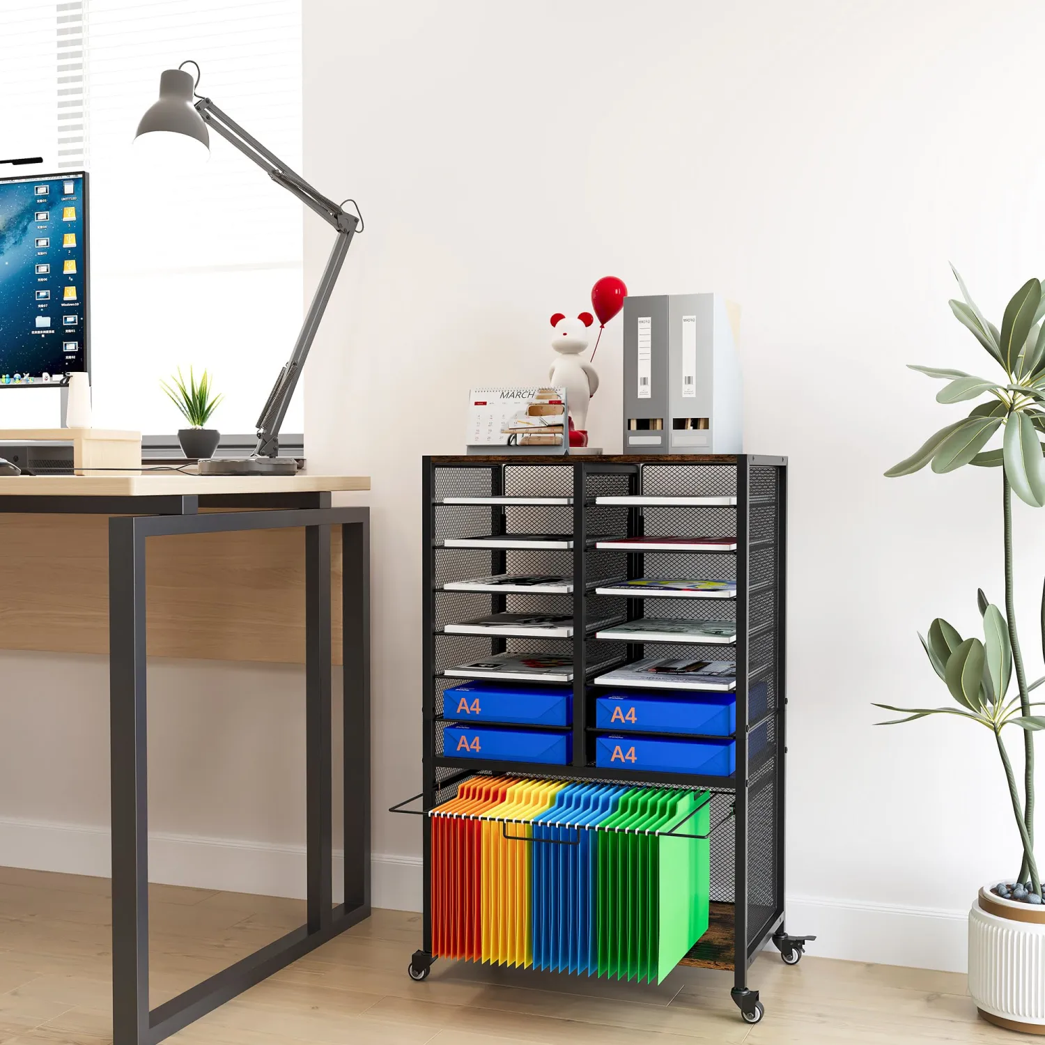 EasyPAG Rolling File Cart with 14 Slot Mail Organizer, Under Desk Storage with Hanging File Rack for Letter/Legal Folders, Mobile Filing Cabinet Printer Stand for Office Home Classroom, Black