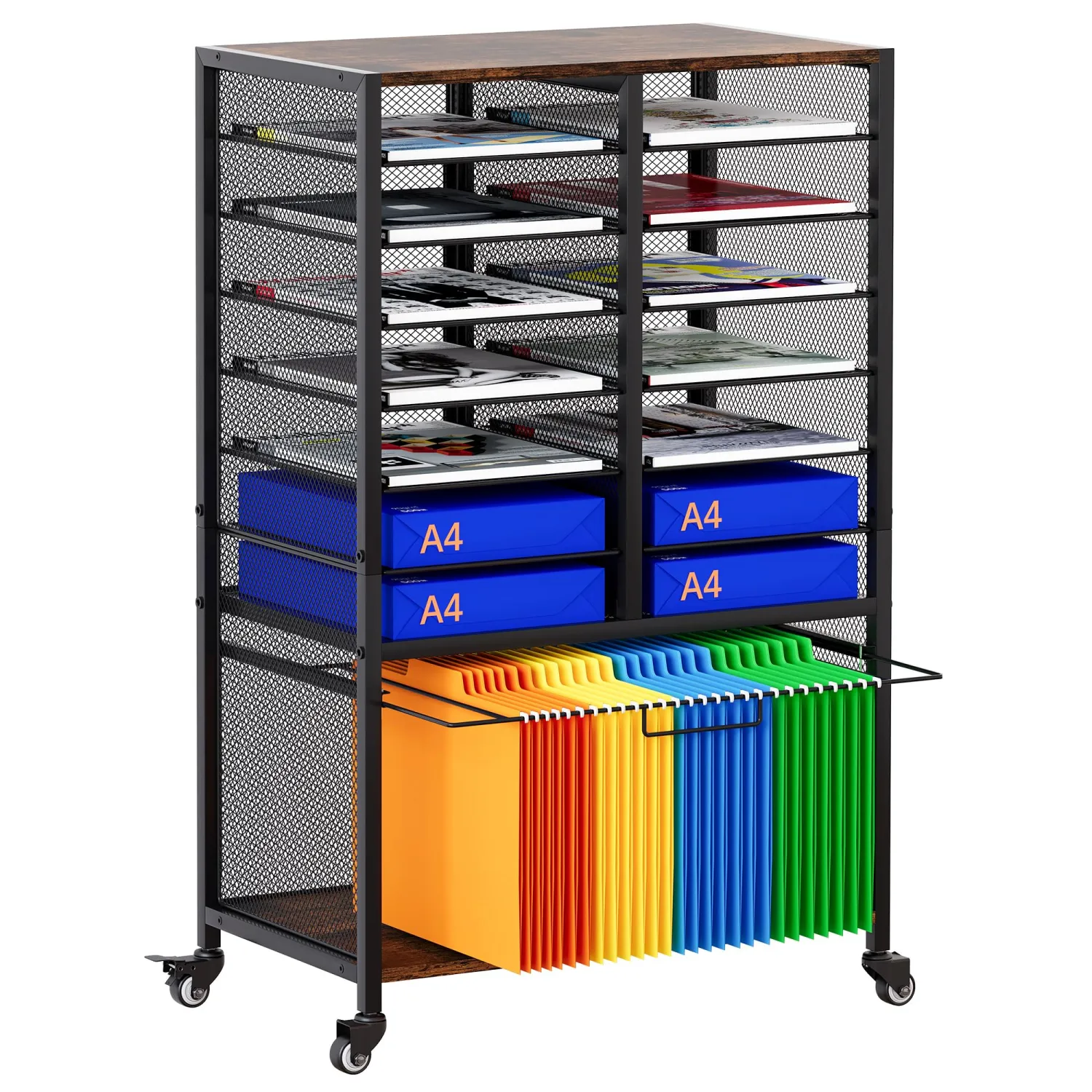 EasyPAG Rolling File Cart with 14 Slot Mail Organizer, Under Desk Storage with Hanging File Rack for Letter/Legal Folders, Mobile Filing Cabinet Printer Stand for Office Home Classroom, Black