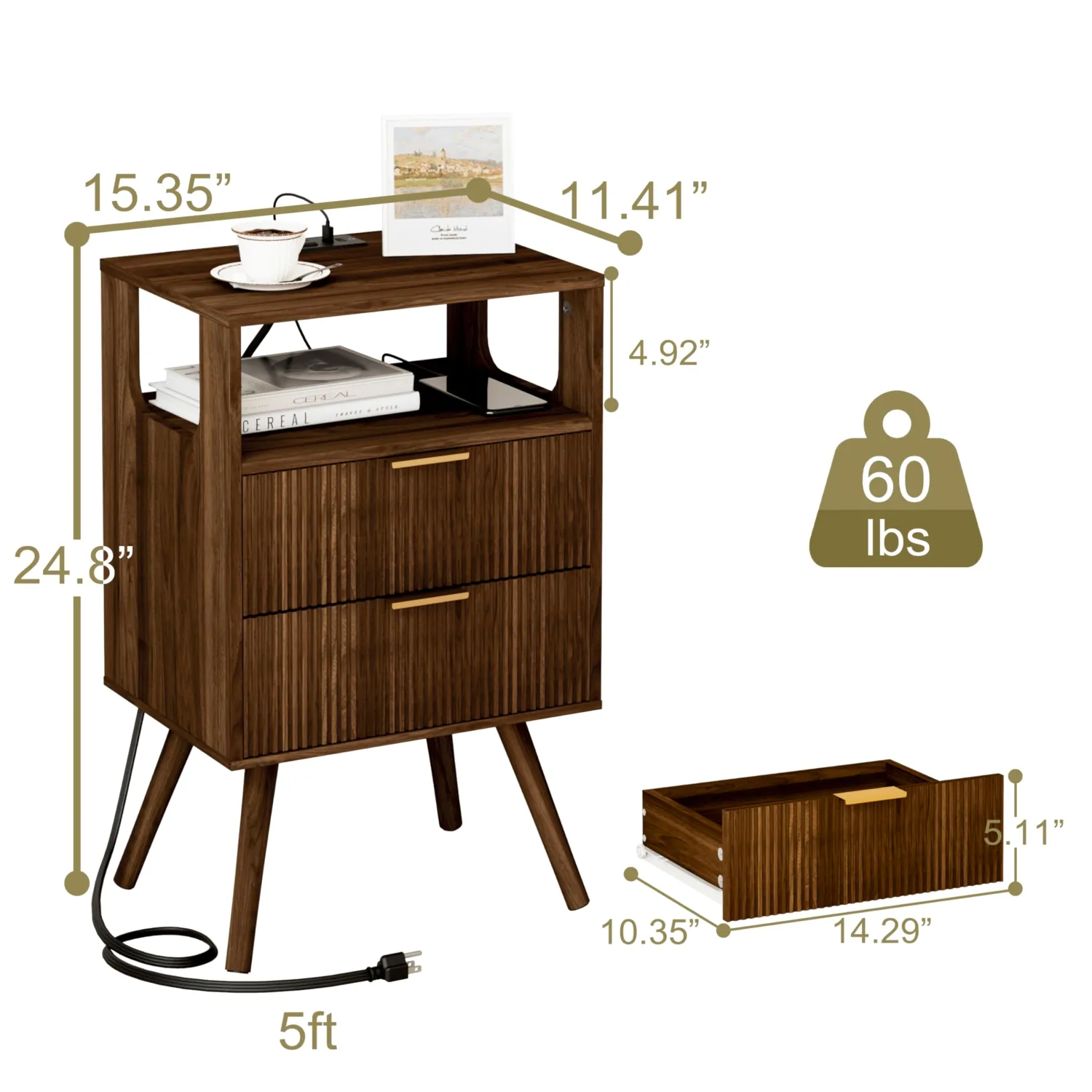 Nightstand with Charging Station and LED Lights,Modern Bedside Table with 2 Storage Drawer and Open Wood Shelf, for Bedroom and Small Spaces,Night Stand with Solid Wood Legs,Walnut Brown