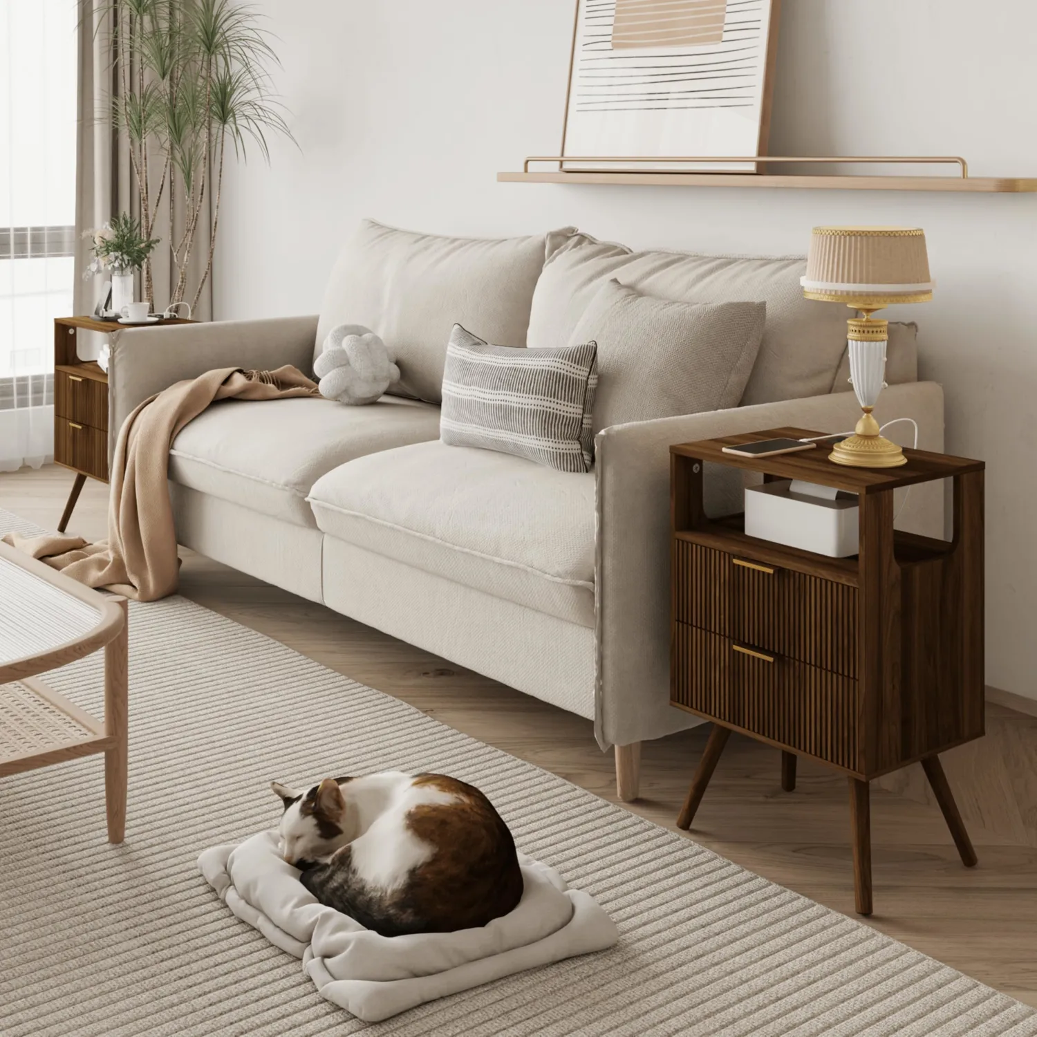 Nightstand with Charging Station and LED Lights,Modern Bedside Table with 2 Storage Drawer and Open Wood Shelf, for Bedroom and Small Spaces,Night Stand with Solid Wood Legs,Walnut Brown