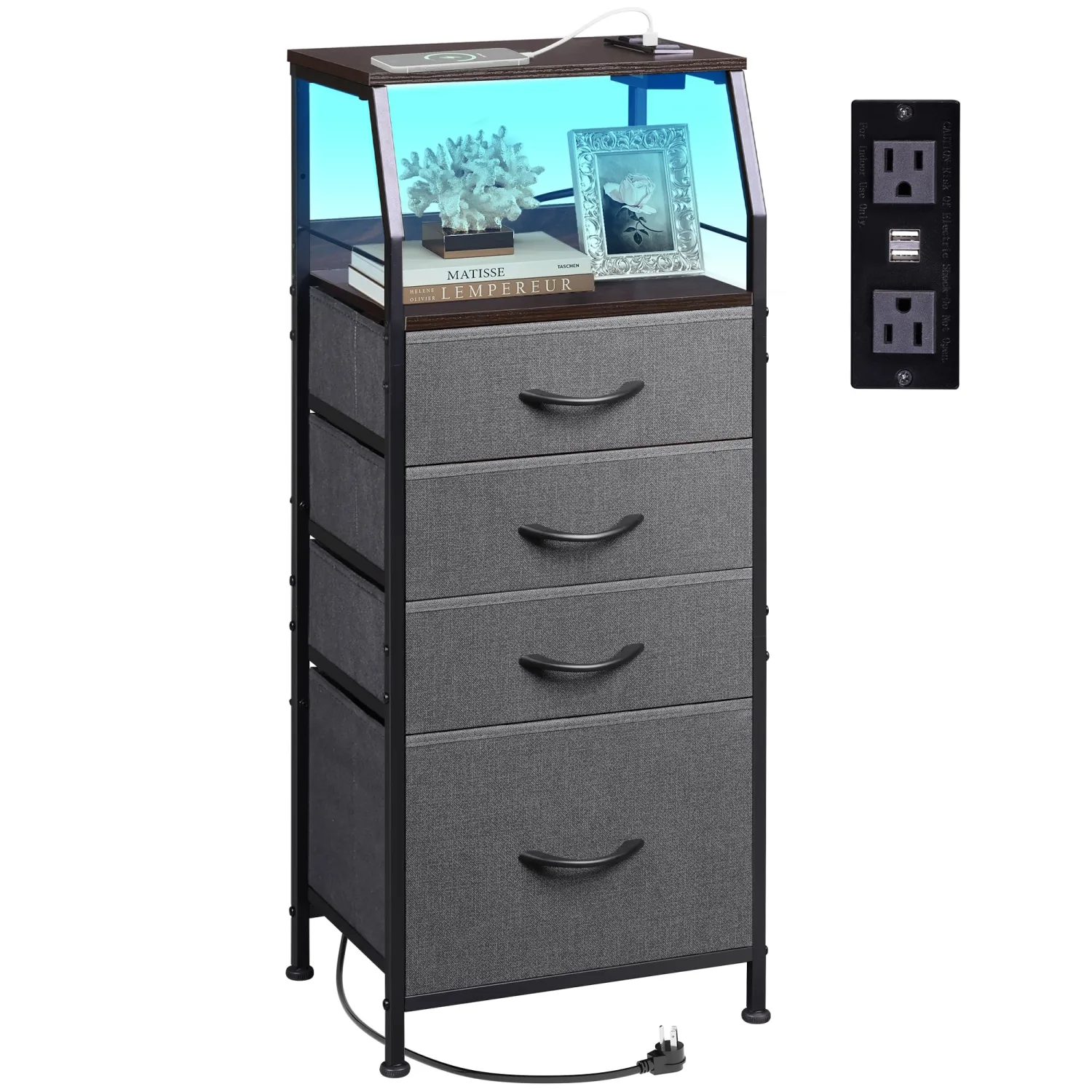 WLIVE Nightstand with Charging Station, Night Stand with LED Light, Tall 4 Drawer Dresser for Bedroom, 37" H Bedside Table with Fabric Storage Bins, Open Wood Shelf, Metal Frame, Dark Grey
