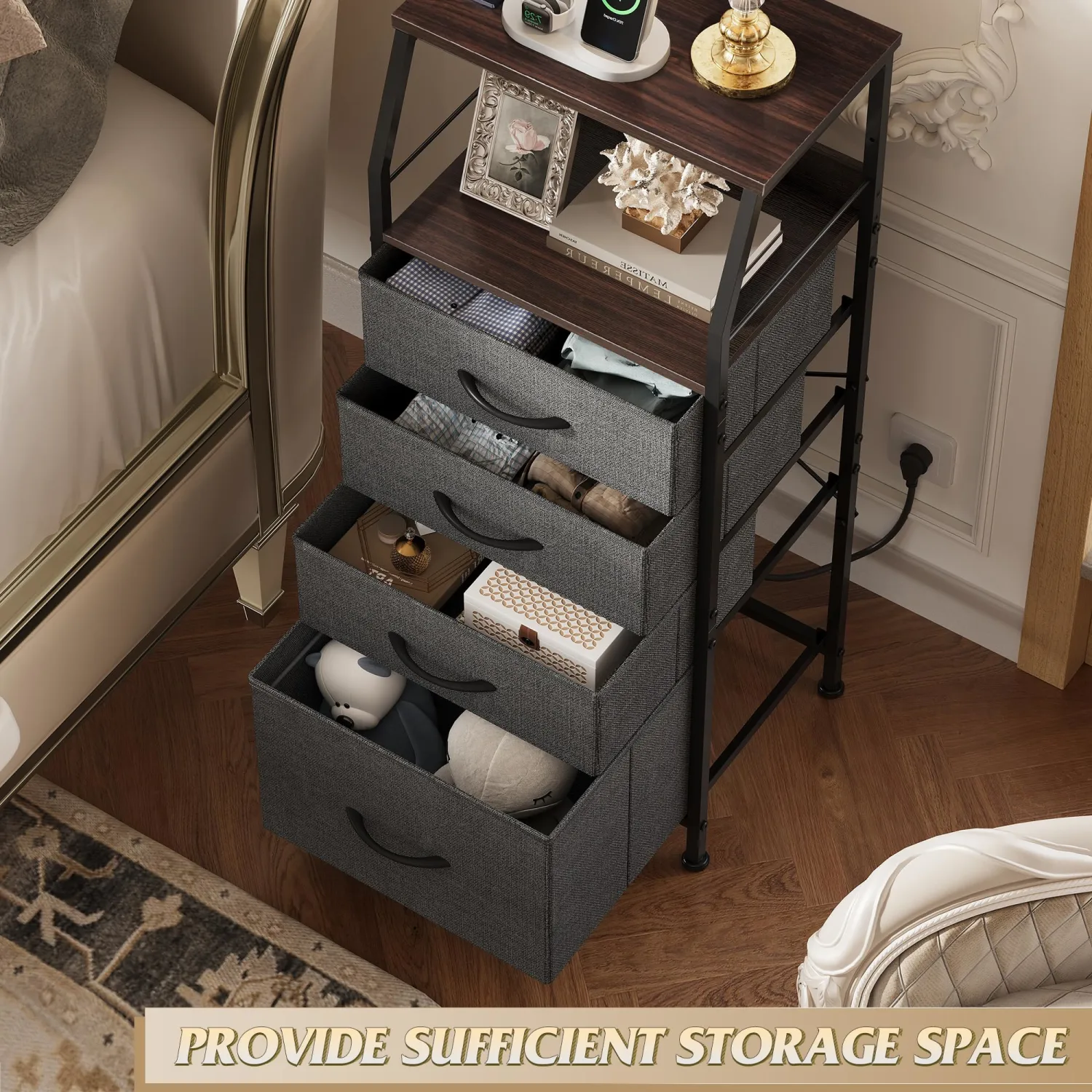 WLIVE Nightstand with Charging Station, Night Stand with LED Light, Tall 4 Drawer Dresser for Bedroom, 37" H Bedside Table with Fabric Storage Bins, Open Wood Shelf, Metal Frame, Dark Grey