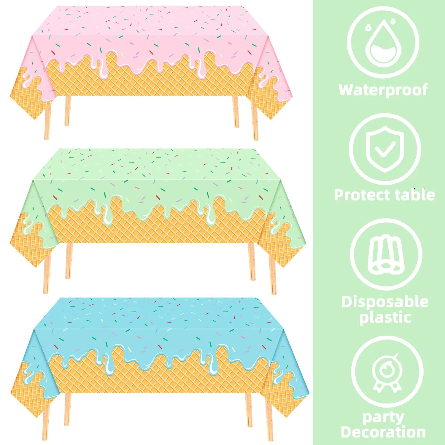 Ice Cream Party Decorations - 3Pcs Ice Cream Table Cloth 54' X 108' Disposable Rectangular Plastic Tablecloth - Popsicle Themed Party Supplies