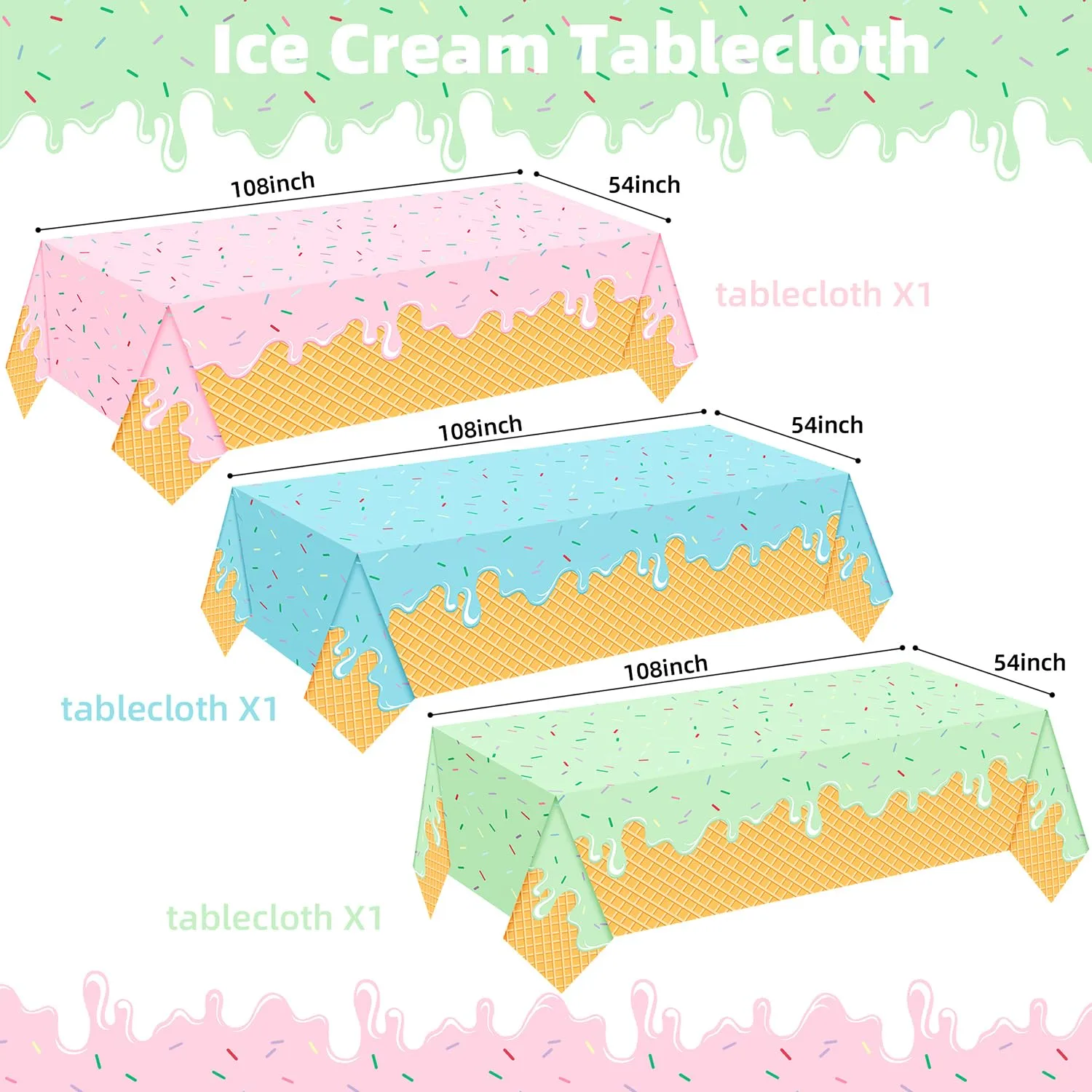 Ice Cream Party Decorations - 3Pcs Ice Cream Table Cloth 54' X 108' Disposable Rectangular Plastic Tablecloth - Popsicle Themed Party Supplies