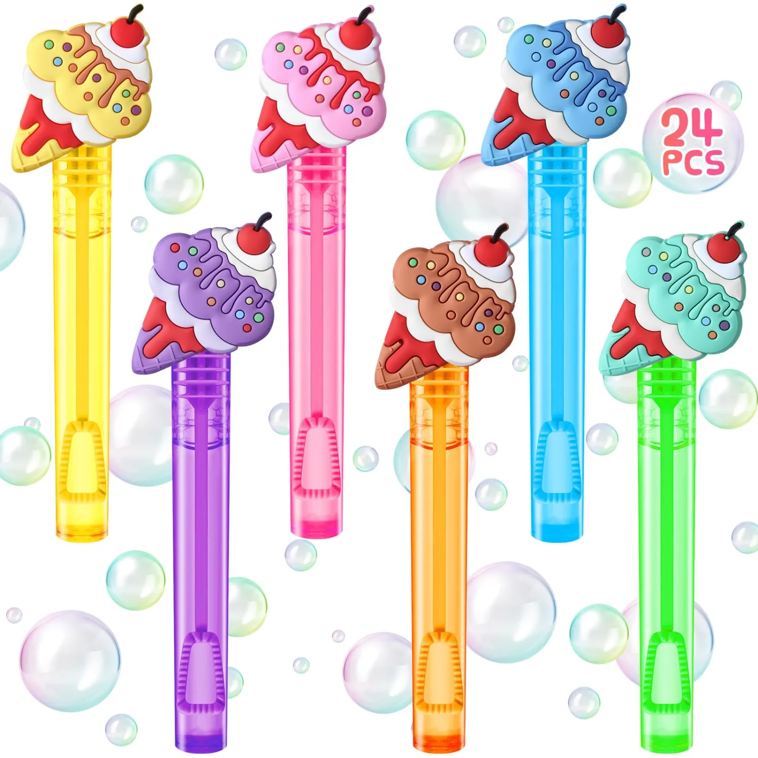 Winrayk Ice Cream Party Favors, 24Pcs Self-designed Mini Bubble Wands for Kids Bubbles Bulk with Detachable Topper (6 Colors), Two Sweet Birthday Gift Pinata Filler Goodie Bag Stuffer Classroom Prizes
