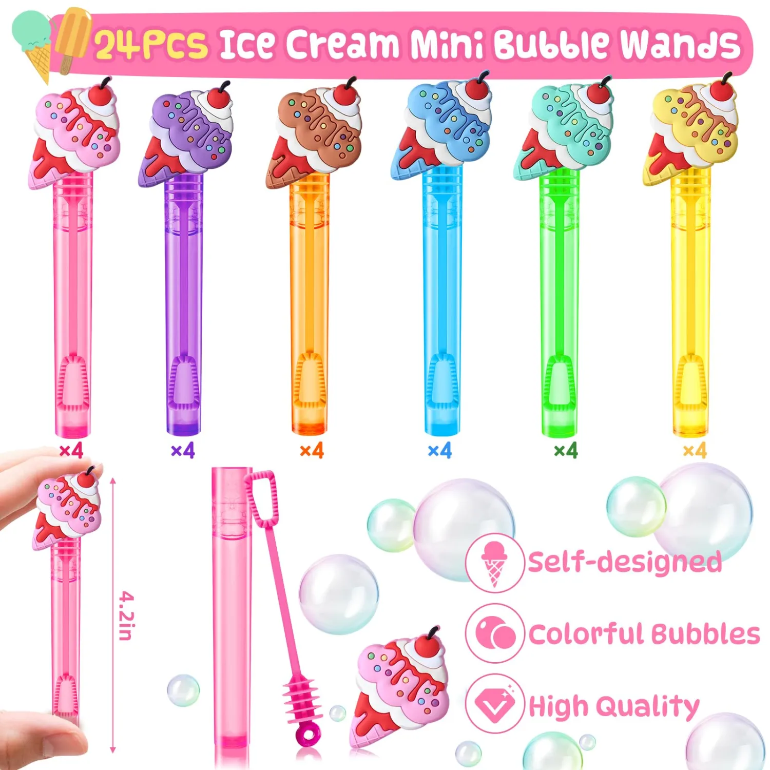 Winrayk Ice Cream Party Favors, 24Pcs Self-designed Mini Bubble Wands for Kids Bubbles Bulk with Detachable Topper (6 Colors), Two Sweet Birthday Gift Pinata Filler Goodie Bag Stuffer Classroom Prizes