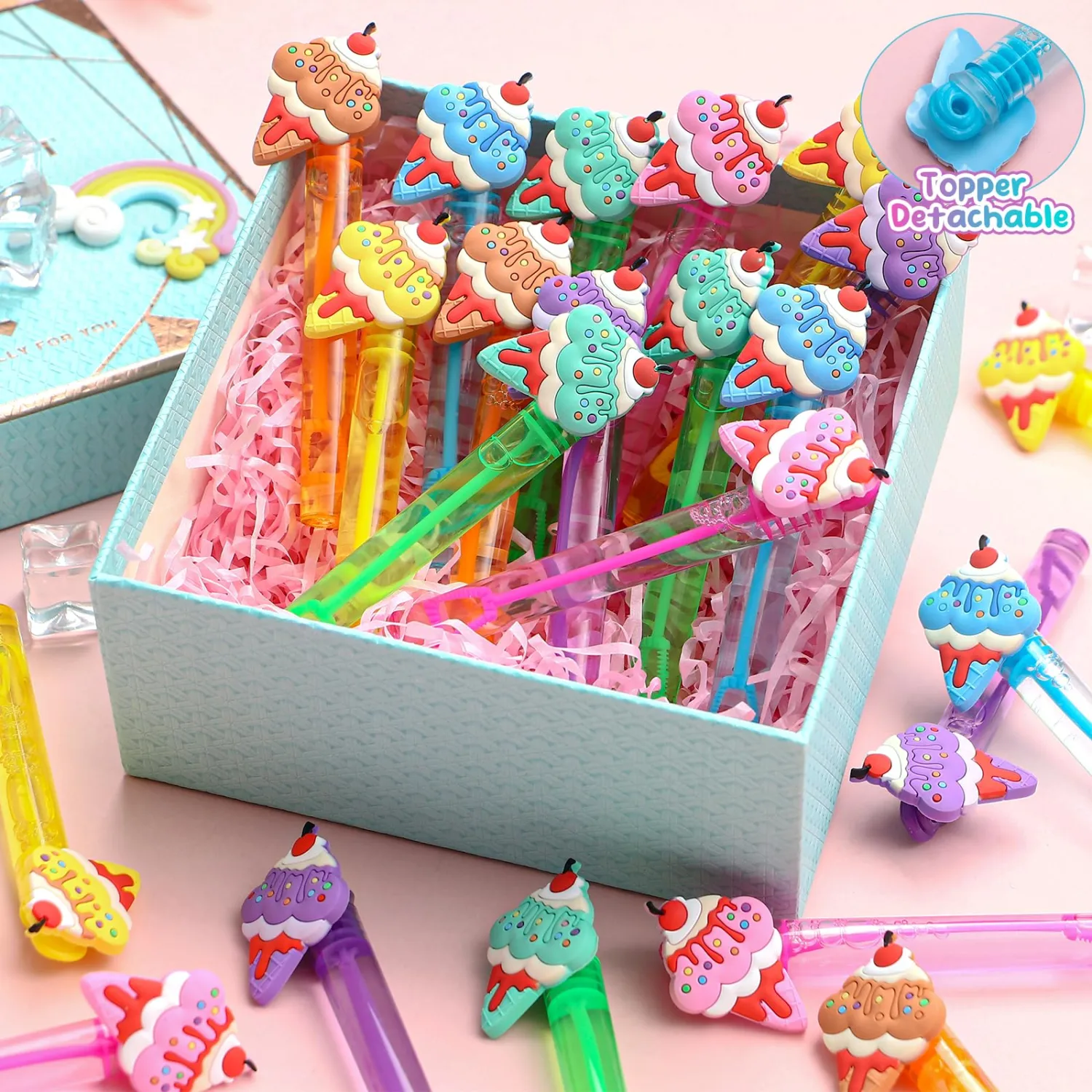 Winrayk Ice Cream Party Favors, 24Pcs Self-designed Mini Bubble Wands for Kids Bubbles Bulk with Detachable Topper (6 Colors), Two Sweet Birthday Gift Pinata Filler Goodie Bag Stuffer Classroom Prizes
