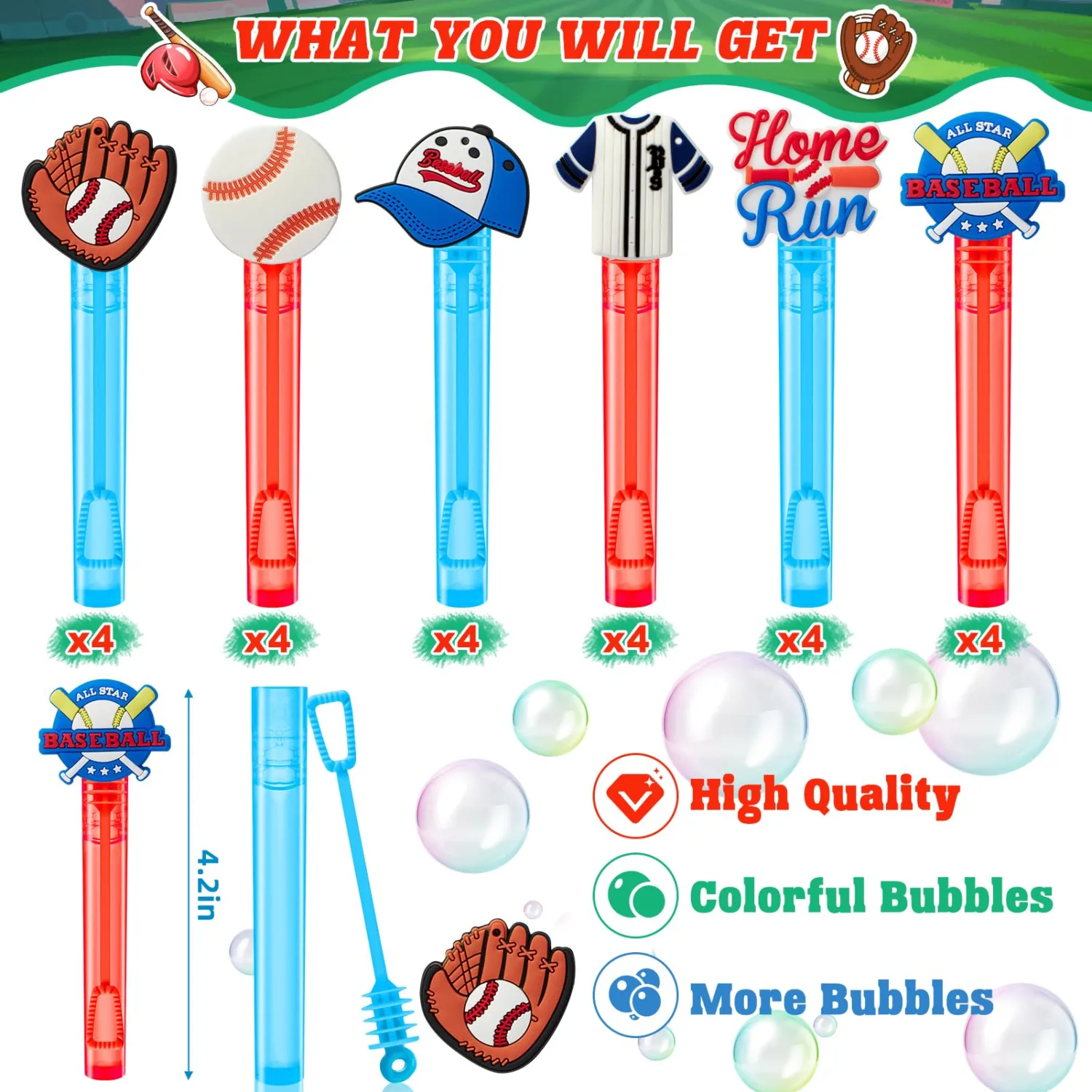 Winrayk Baseball Party Favors, 24Pcs Baseball Themed Mini Bubble Wands for Kids Bubbles Bulk with Detachable Topper (6 Styles), Birthday Gift Classroom Prizes Girl Boys Sports Goody Bag Stuffer Supply