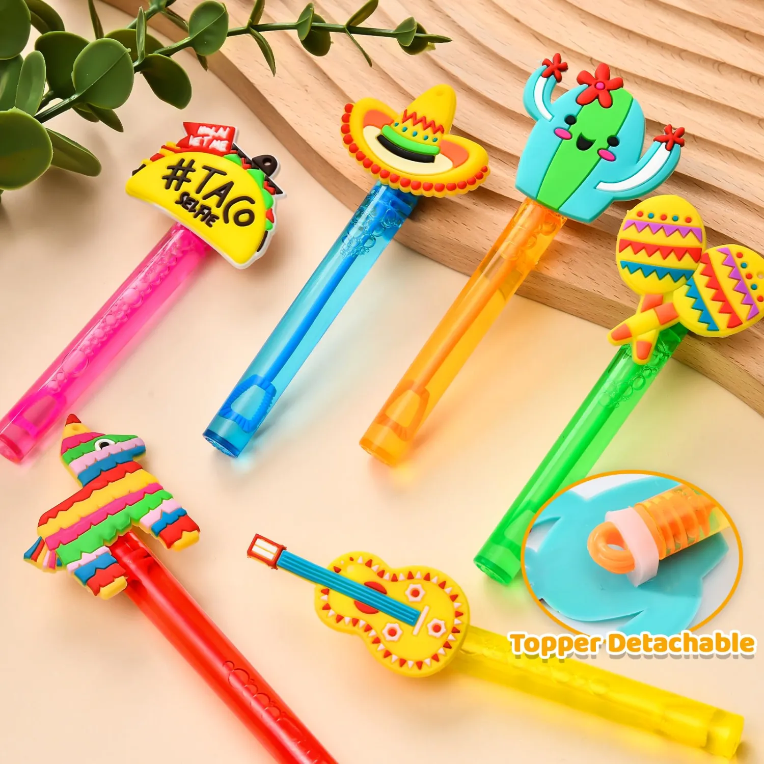 Winrayk Cinco de Mayo Party Favors, 24Pcs Fiesta Mexican Mini Bubble Wands for Kids Bubbles Bulk with Detachable Topper, 6 Styles & Colors (Taco Maraca Llama Cactus Guitar Sombrero), Goody Bag Stuffer