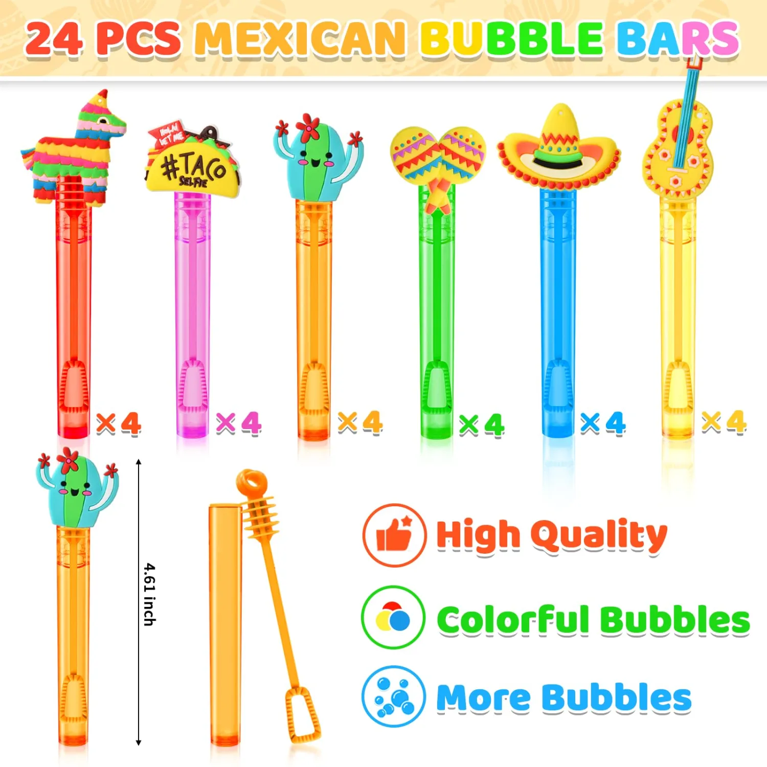 Winrayk Cinco de Mayo Party Favors, 24Pcs Fiesta Mexican Mini Bubble Wands for Kids Bubbles Bulk with Detachable Topper, 6 Styles & Colors (Taco Maraca Llama Cactus Guitar Sombrero), Goody Bag Stuffer