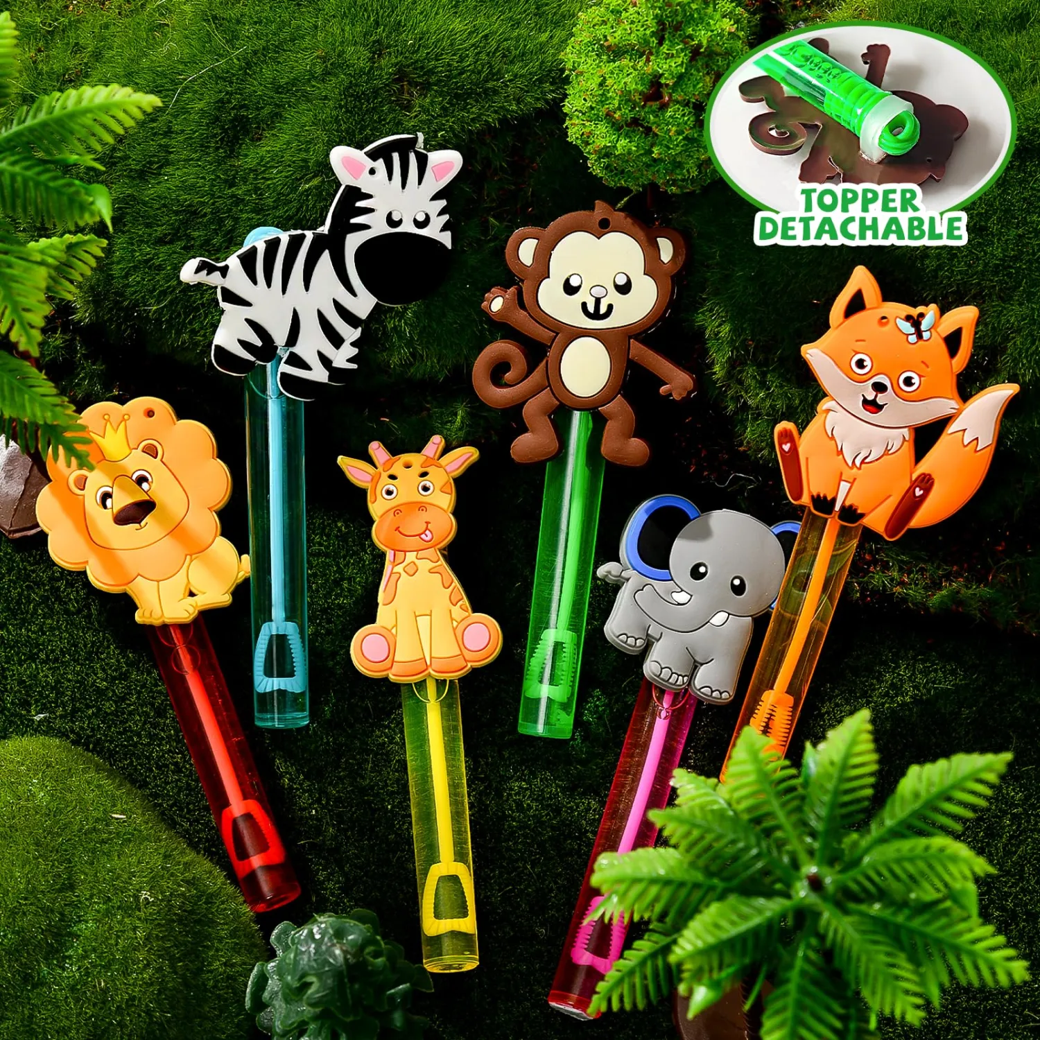 Winrayk Safari Party Favors, 24Pcs Jungle Animals Mini Bubble Wands for Kids Bubbles Bulk with Detachable Topper (6 Styles & Colors), Birthday Goodie Bag Stuffer Classroom Prizes Wild One Party Favors