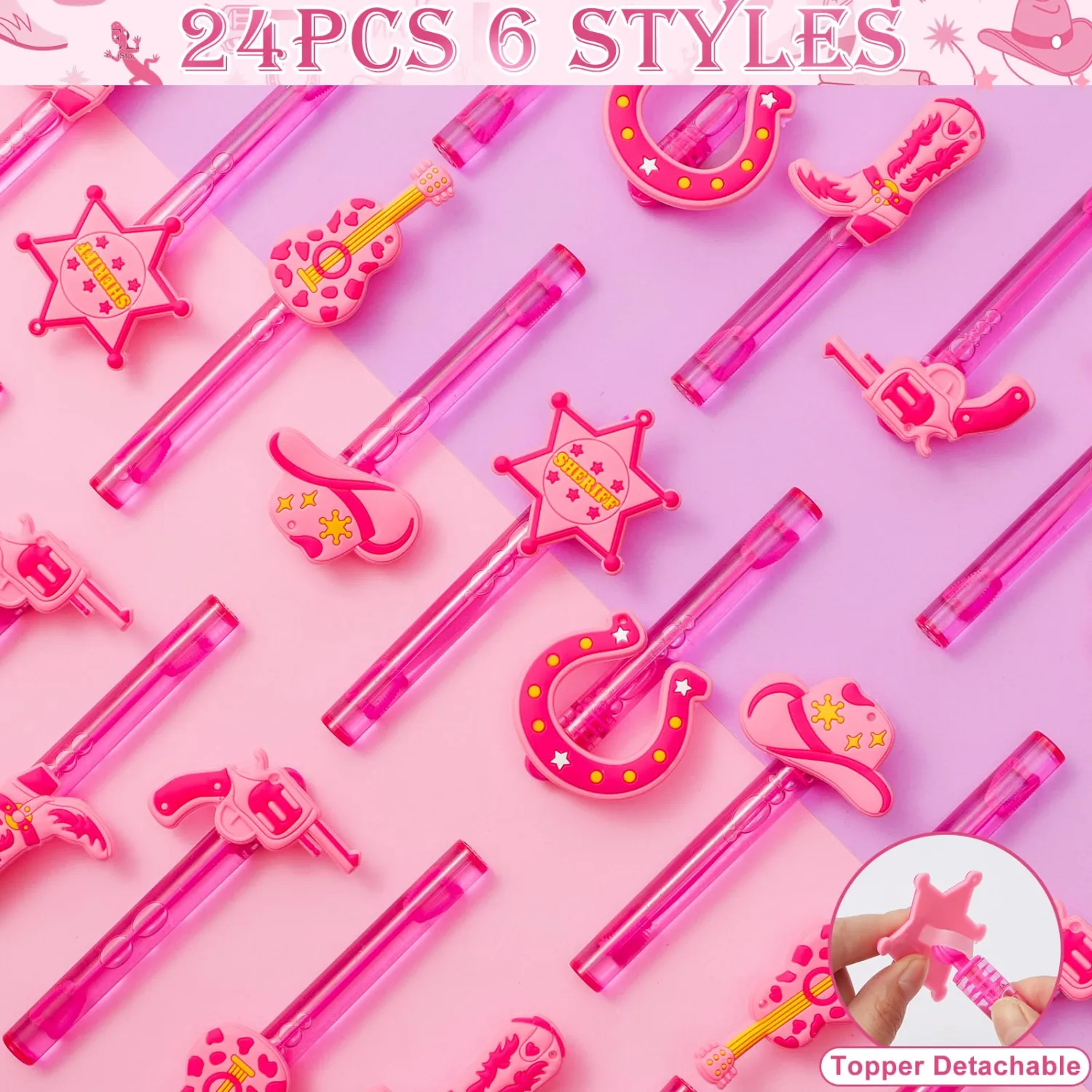 Winrayk Western Cowgirl Party Favors, 24Pcs Disco Cowgirl Mini Bubble Wands for Kids Bubbles Bulk with Detachable Topper (6 Styles), Birthday Gift Retro Rodeo Classroom Prizes Easter Goody Bag Stuffer