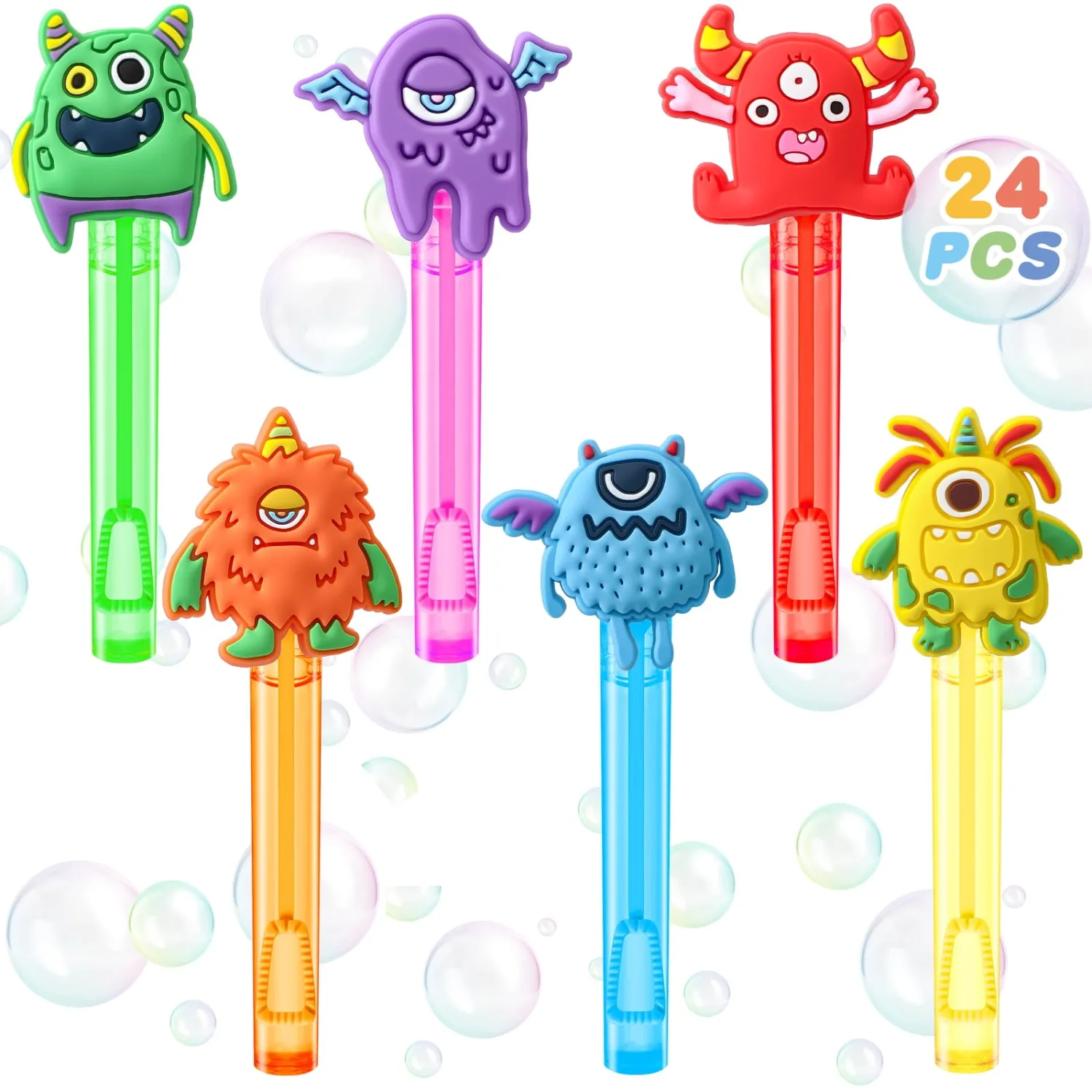 Winrayk Monster Party Favors, 24Pcs Self-designed Mini Bubble Wands for Kids Bubbles Bulk with Detachable Topper (6 Styles & Colors), Birthday Gift Toy Pinata Filler Goodie Bag Stuffer Classroom Prize