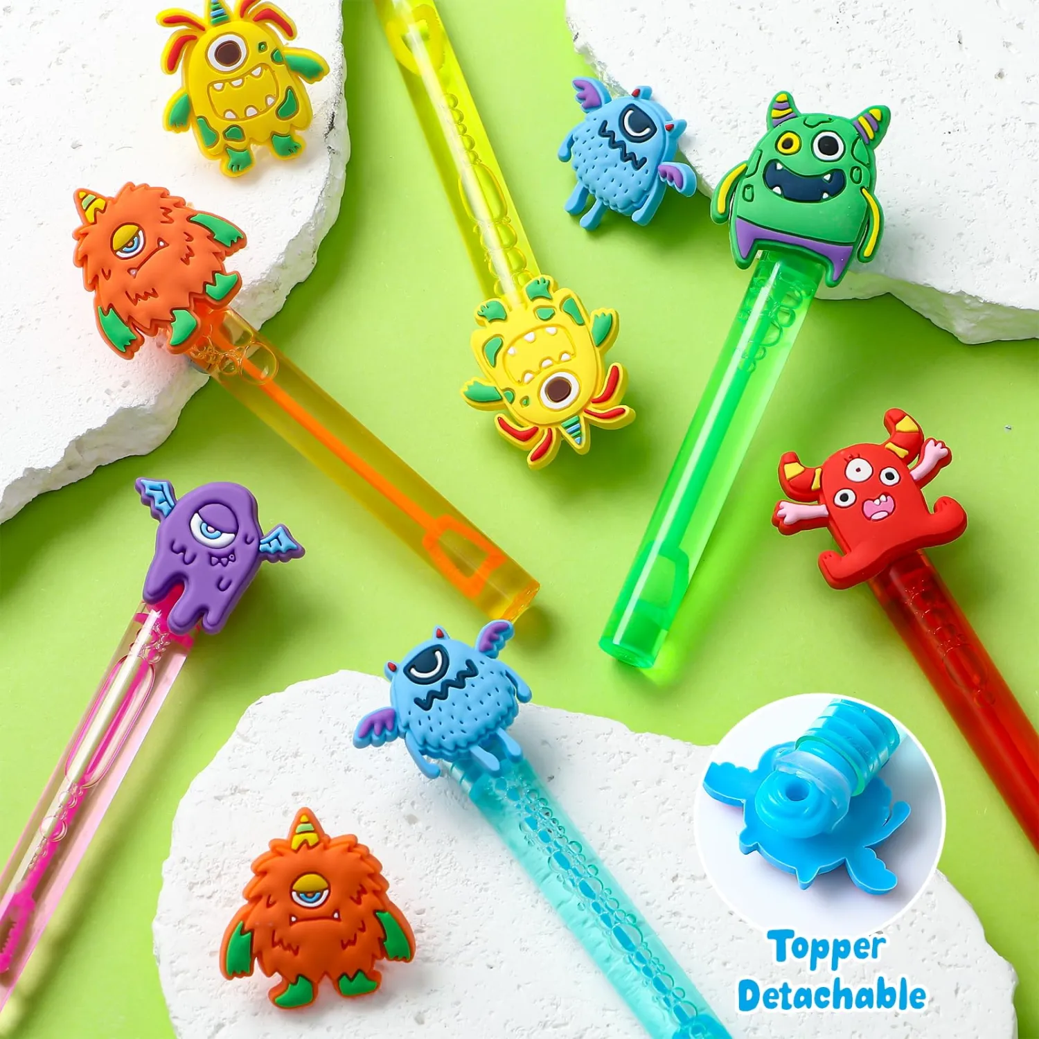 Winrayk Monster Party Favors, 24Pcs Self-designed Mini Bubble Wands for Kids Bubbles Bulk with Detachable Topper (6 Styles & Colors), Birthday Gift Toy Pinata Filler Goodie Bag Stuffer Classroom Prize