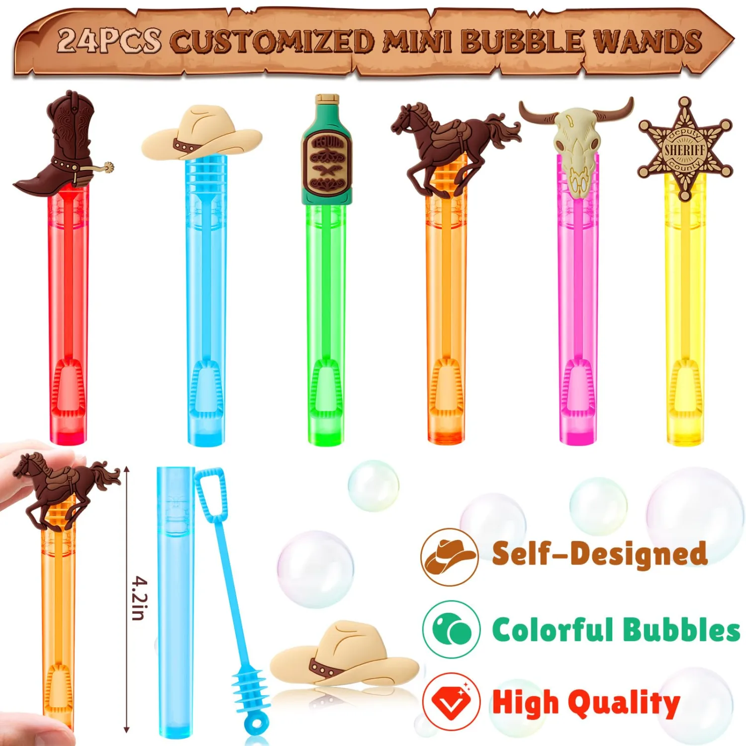 Winrayk Western Cowboy Party Favors, 24Pcs Self-designed Mini Bubble Wands for Kids Bubbles Bulk & Detachable Topper (6 Styles & Colors), Birthday Gift Pinata Filler Goodie Bag Stuffer Classroom Prize