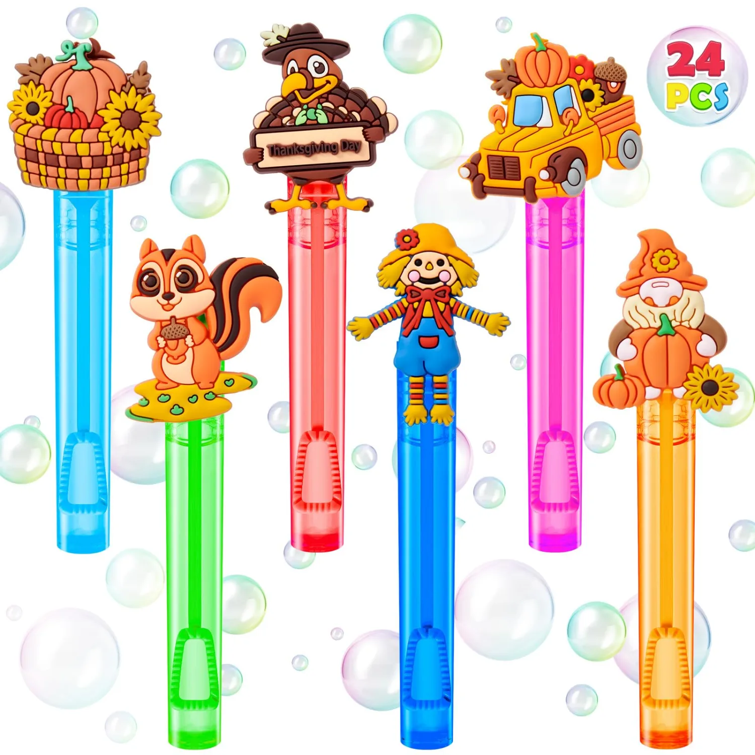Winrayk Fall Thanksgiving Party Favors, 24Pcs Self-Designed Mini Bubble Wands for Kids Bubbles Bulk & Detachable Topper, Autumn Birthday Gifts Basket Pinata Filler Goodie Bag Stuffer Classroom Prizes