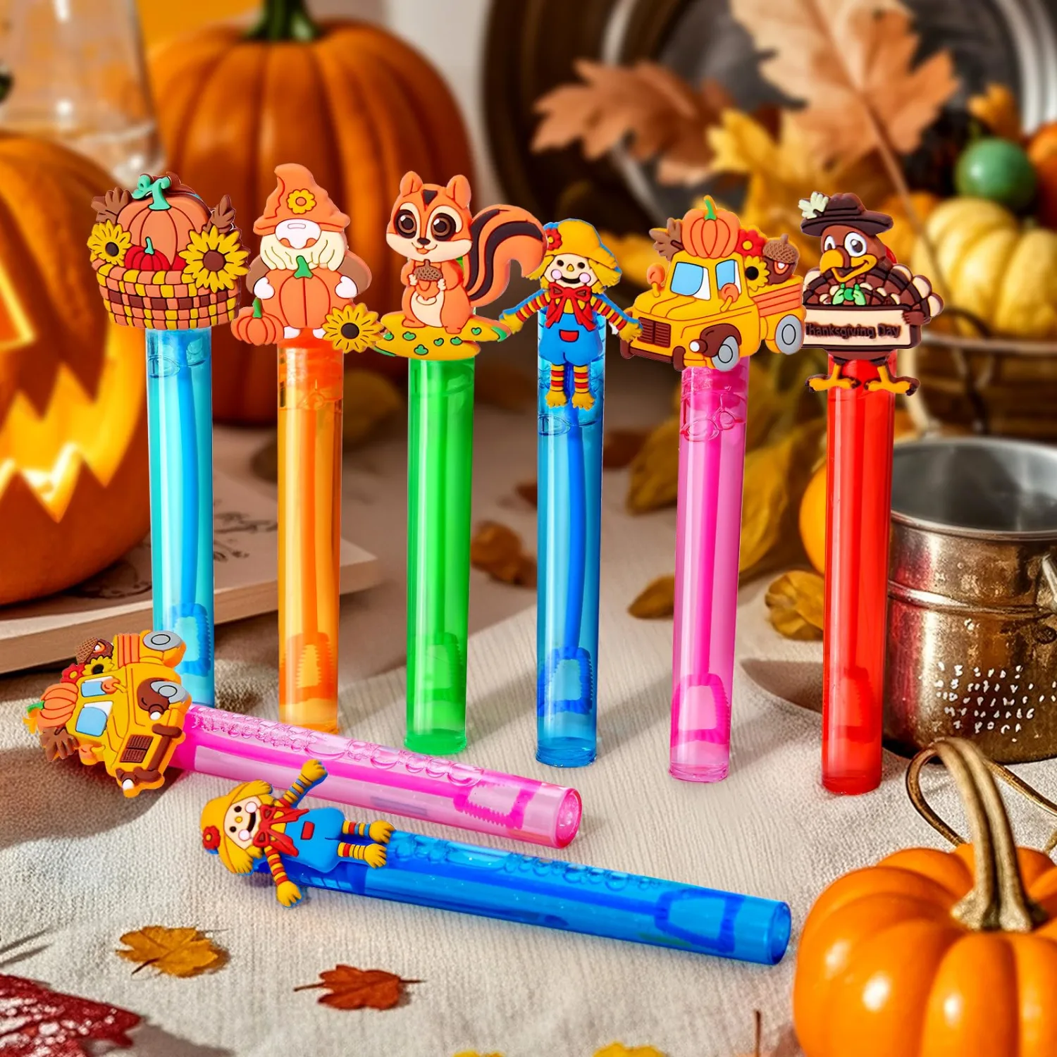 Winrayk Fall Thanksgiving Party Favors, 24Pcs Self-Designed Mini Bubble Wands for Kids Bubbles Bulk & Detachable Topper, Autumn Birthday Gifts Basket Pinata Filler Goodie Bag Stuffer Classroom Prizes