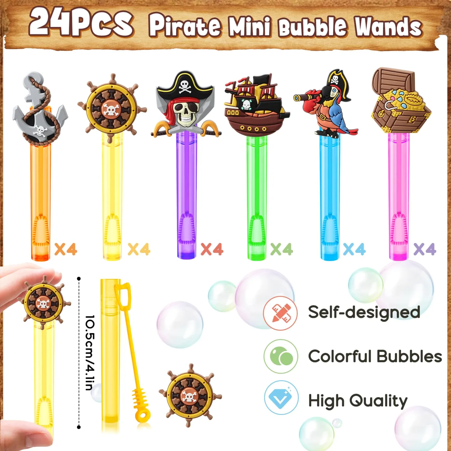 Winrayk Pirate Party Favors, 24Pcs Self-designed Mini Bubble Wands for Kids Bubbles Bulk with Detachable Topper (6 Styles & Colors), Birthday Gift Toy Pinata Filler Goodie Bag Stuffer Classroom Prizes