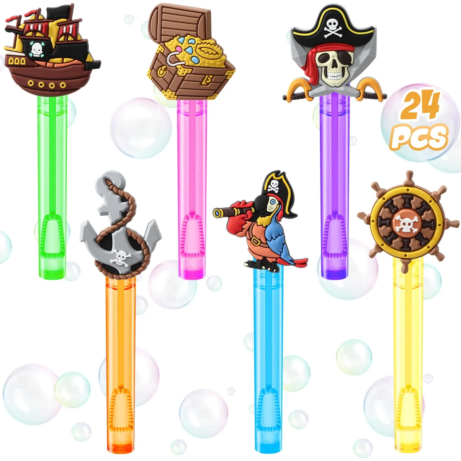 Winrayk Pirate Party Favors, 24Pcs Self-designed Mini Bubble Wands for Kids Bubbles Bulk with Detachable Topper (6 Styles & Colors), Birthday Gift Toy Pinata Filler Goodie Bag Stuffer Classroom Prizes