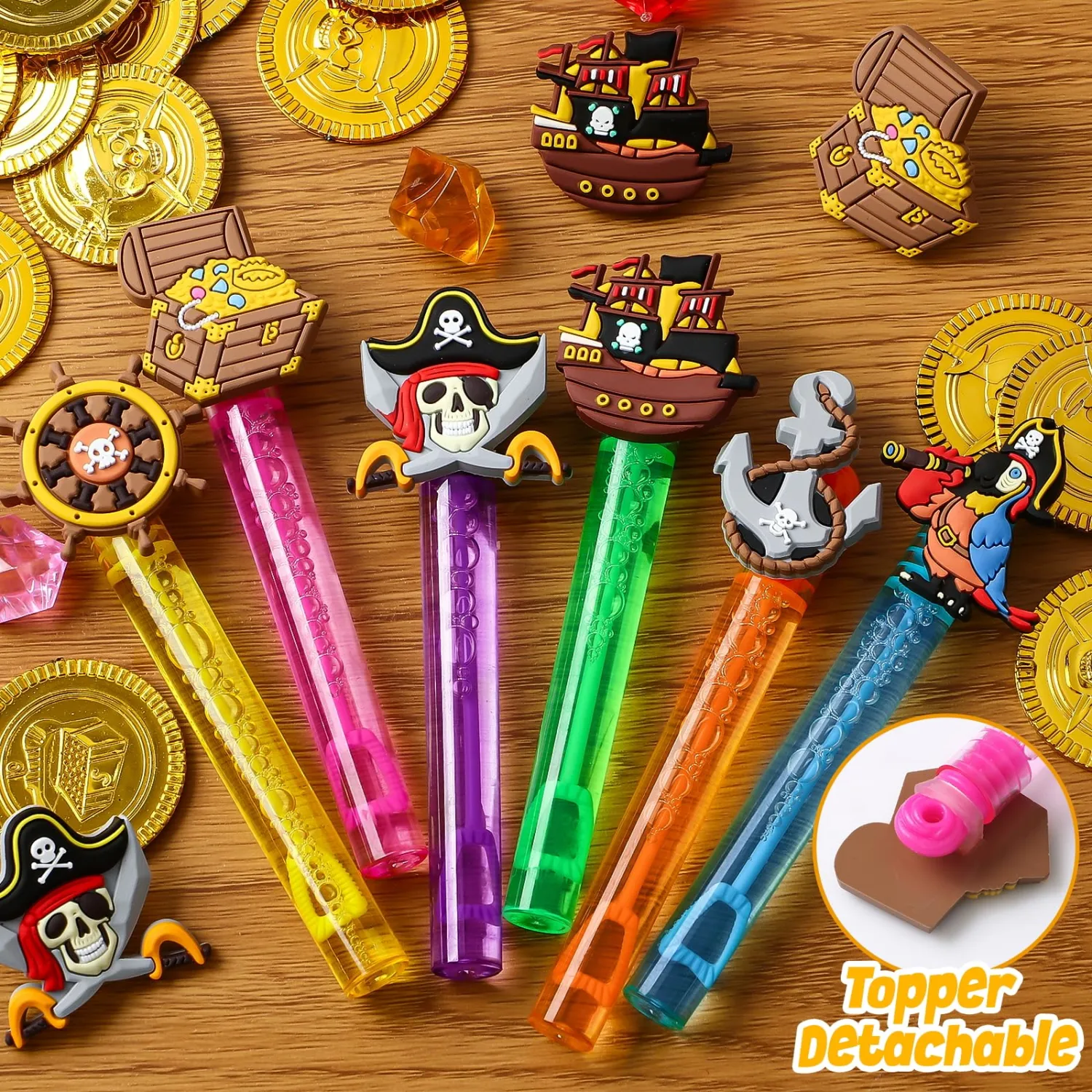 Winrayk Pirate Party Favors, 24Pcs Self-designed Mini Bubble Wands for Kids Bubbles Bulk with Detachable Topper (6 Styles & Colors), Birthday Gift Toy Pinata Filler Goodie Bag Stuffer Classroom Prizes