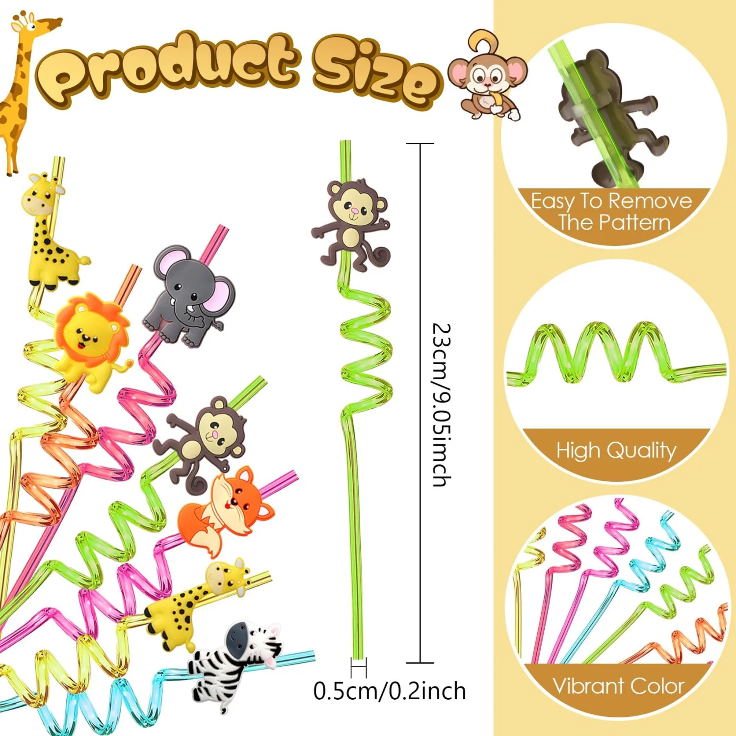 AFZMON Jungle Safari Animal Party Favors Silly Plastic Straws Bulk, 24Pcs Wild Straws for Kids Toddlers Zoo Birthday Party Goodie Bags Stuffers Classroom Gifts Decorations