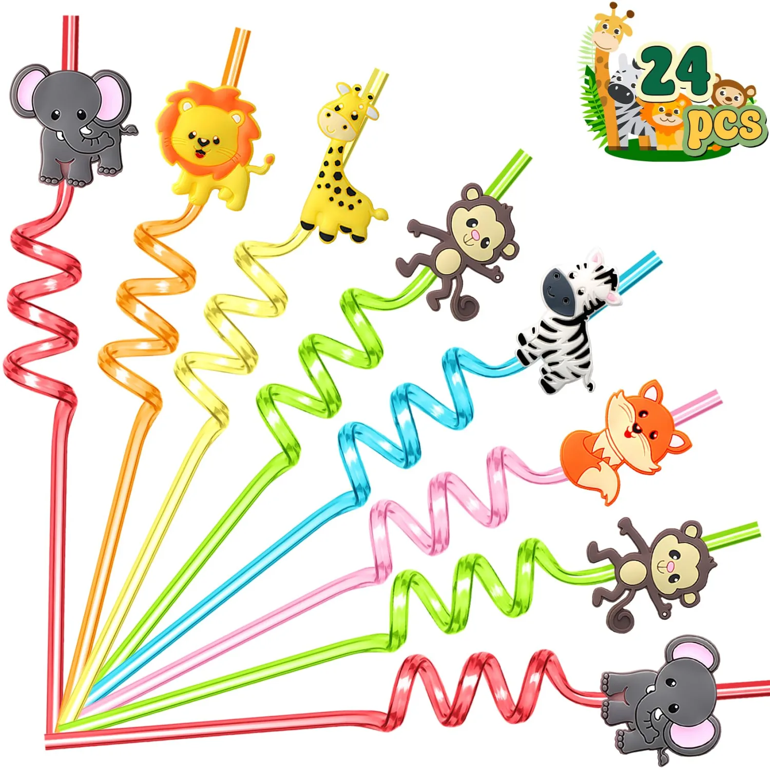 AFZMON Jungle Safari Animal Party Favors Silly Plastic Straws Bulk, 24Pcs Wild Straws for Kids Toddlers Zoo Birthday Party Goodie Bags Stuffers Classroom Gifts Decorations