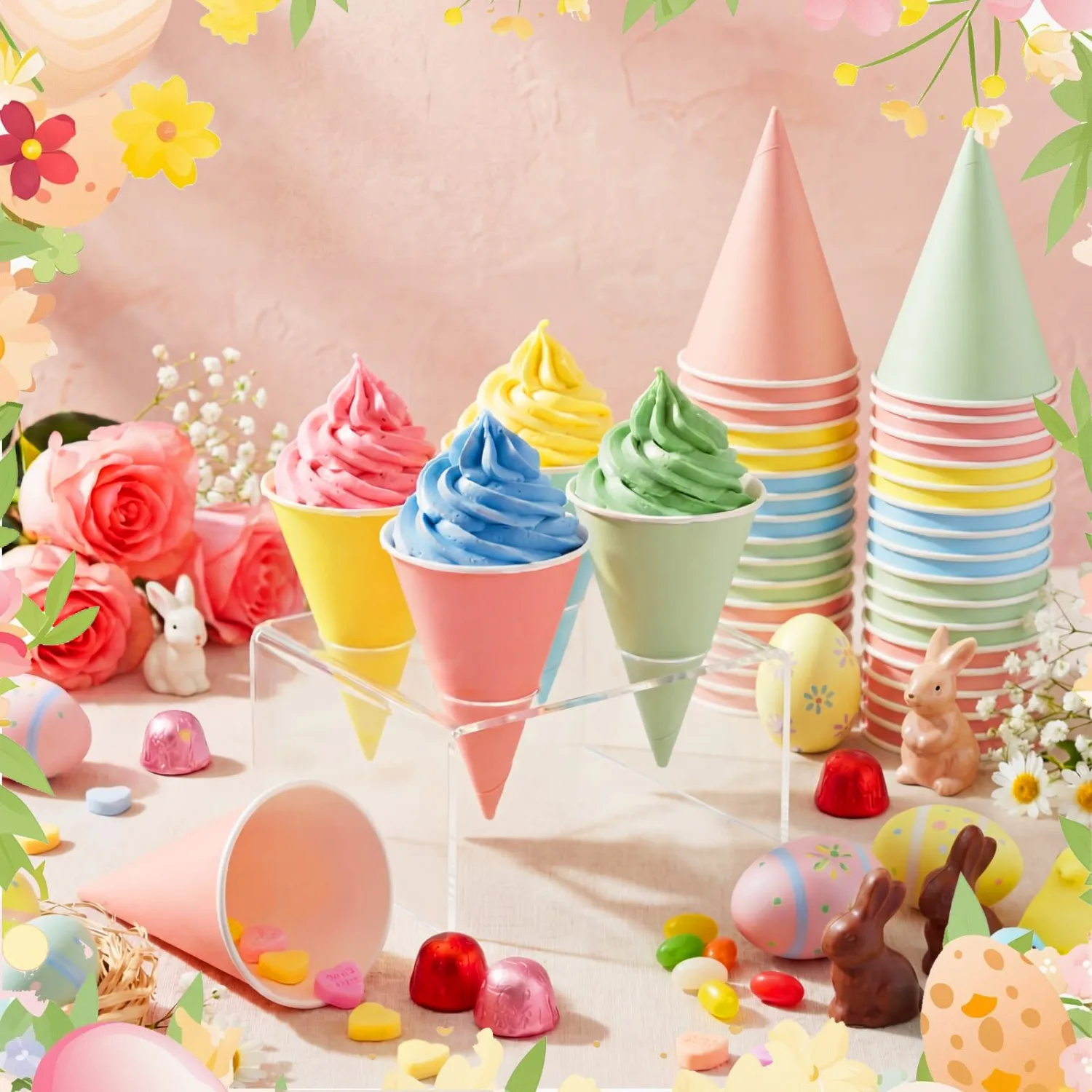 Honeydak 48 Pcs Easter Snow Cone Cups 6 oz Pastel Disposable Macaron Shave Ice Cream Paper Cups for Slush Shaved Ice Cream Sorbet Water Syrup Spring Party Supplies