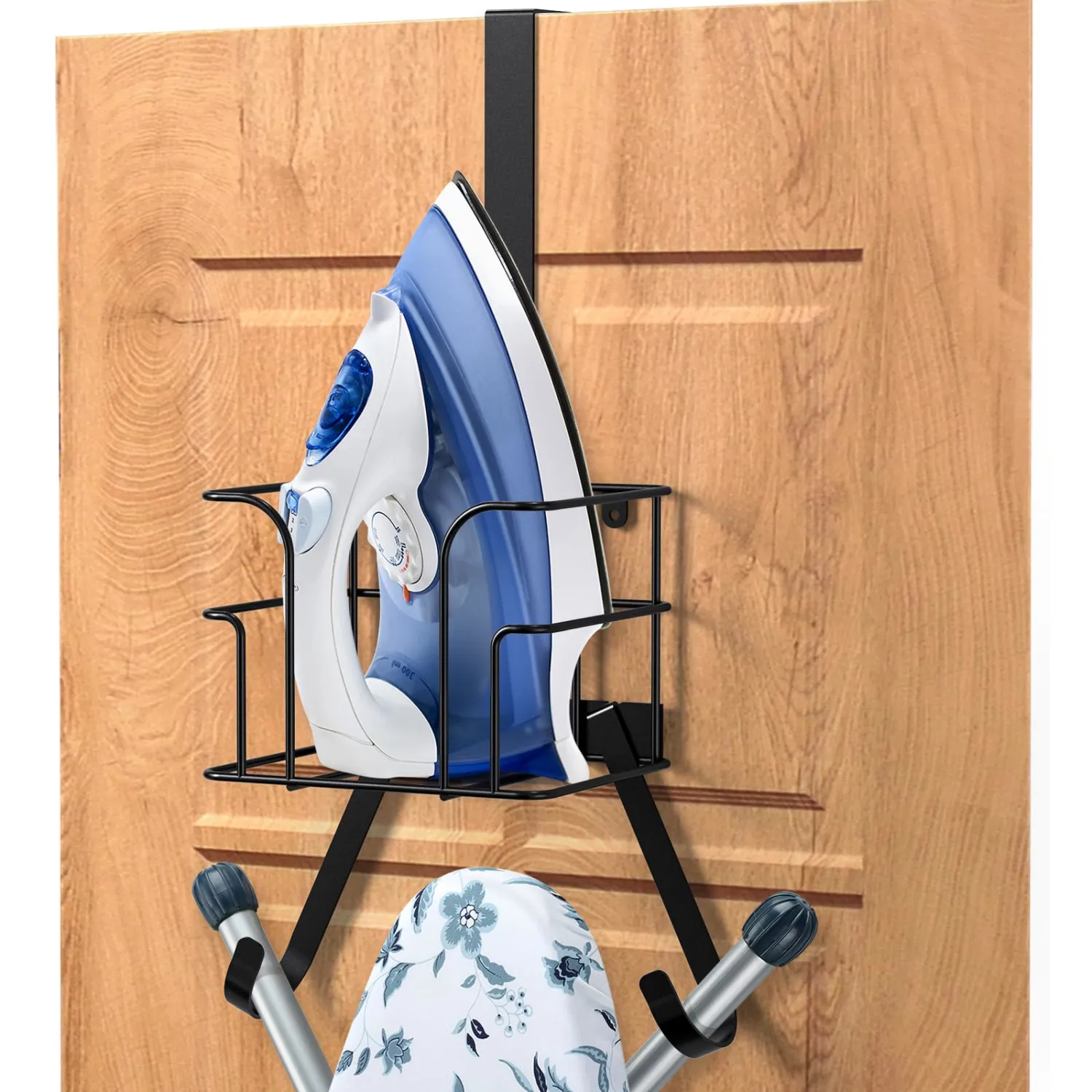 ORLESS Over The Door/Wall Mount Ironing Board Hanger, Laundry Room Iron and Ironing Board Caddy Storage Holder, Black
