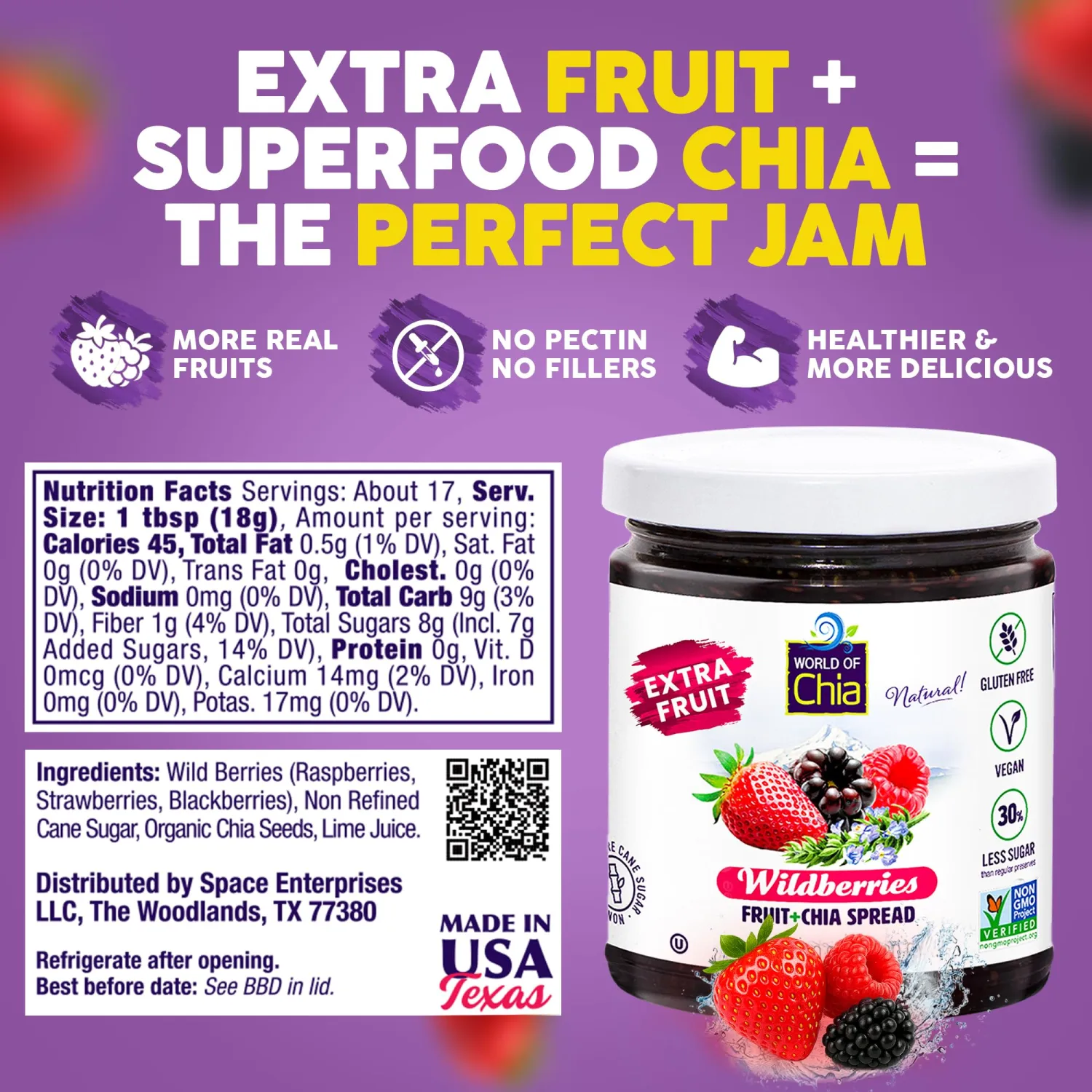 World of Chia Jam Wildberry Pack - Extra Fruit Spread, Bold Flavor & Wildberry Jelly Jam, Sweetened Pure Cane Sugar & Real Fruits, Omega-3s Superfood, Preserves and Jams (1 Jar, 10.6 oz, 300 g) 1 Pack