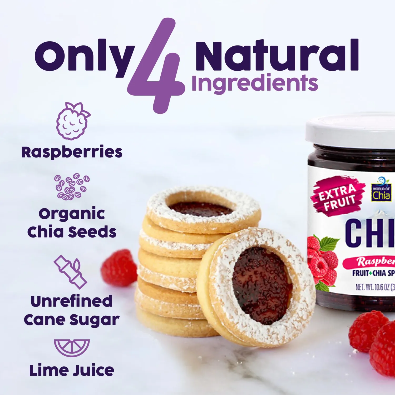 World of Chia Extra Fruit Chia Seeds Jam - Raspberry Jams and Preserves – All Natural Super Food Chia Jam, Gluten Free, Vegan, Additive Free, Low Sugar, Omega 3, Non-GMO, Made in USA Fruit Spread - (10.6 Oz, 300 g Jar) Pack of 1