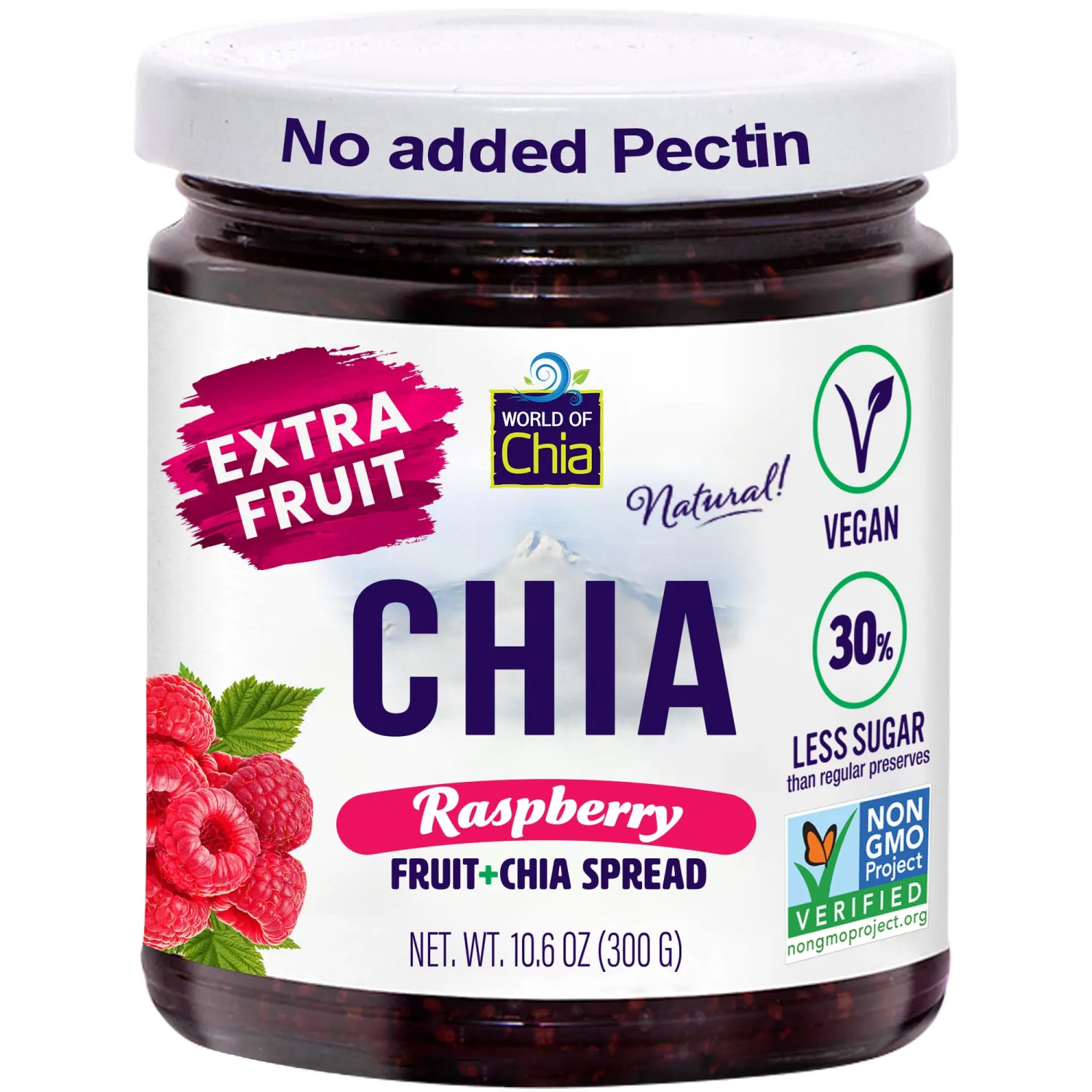 World of Chia Extra Fruit Chia Seeds Jam - Raspberry Jams and Preserves – All Natural Super Food Chia Jam, Gluten Free, Vegan, Additive Free, Low Sugar, Omega 3, Non-GMO, Made in USA Fruit Spread - (10.6 Oz, 300 g Jar) Pack of 1