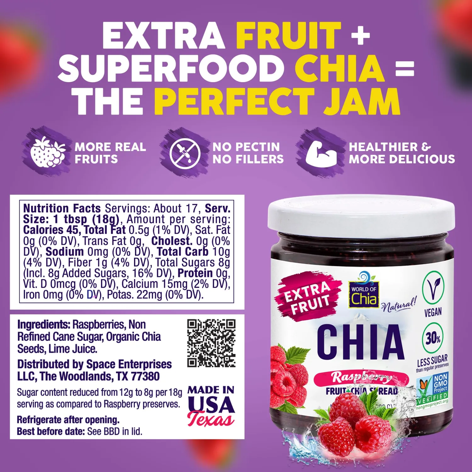 World of Chia Extra Fruit Chia Seeds Jam - Raspberry Jams and Preserves – All Natural Super Food Chia Jam, Gluten Free, Vegan, Additive Free, Low Sugar, Omega 3, Non-GMO, Made in USA Fruit Spread - (10.6 Oz, 300 g Jar) Pack of 1