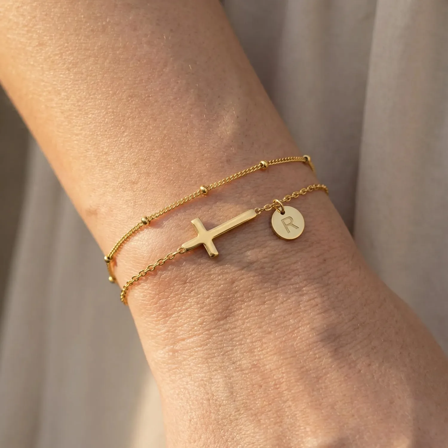 Cross Bracelet Set for Women, 18K Gold Plated Stainless Steel, Minimalist Cross & Initial Letter Charm, Adjustable Layered Bracelets with Gift Box and Inspirational Cards