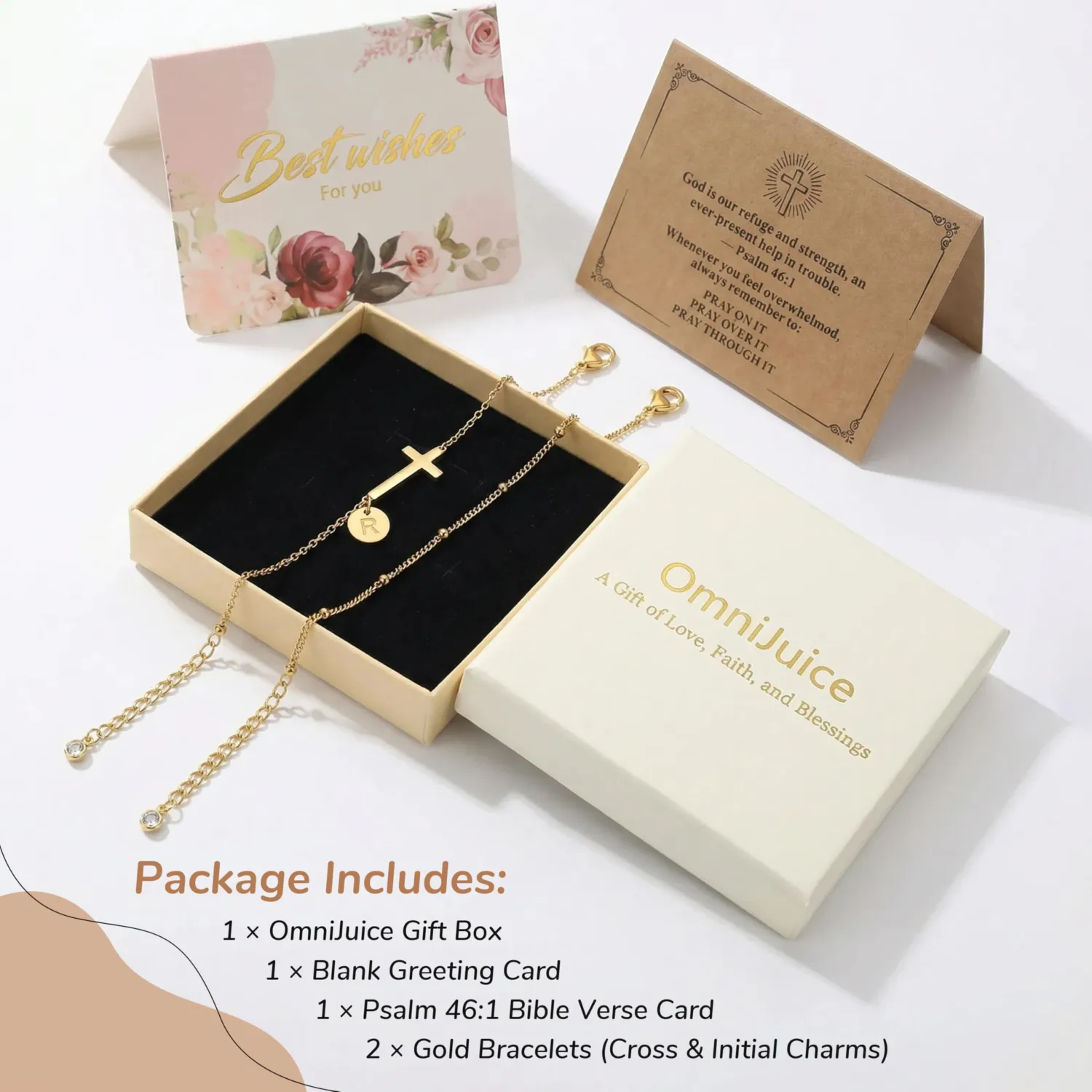 Cross Bracelet Set for Women, 18K Gold Plated Stainless Steel, Minimalist Cross & Initial Letter Charm, Adjustable Layered Bracelets with Gift Box and Inspirational Cards