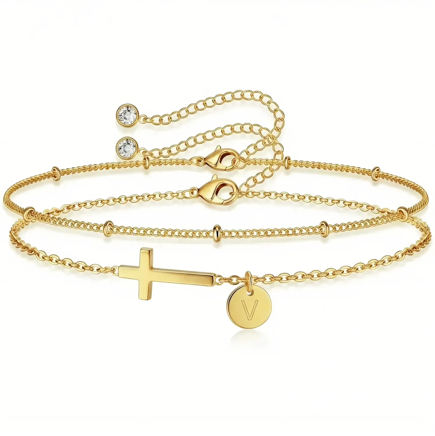 Cross Bracelet Set for Women, 18K Gold Plated Stainless Steel, Minimalist Cross & Initial Letter Charm, Adjustable Layered Bracelets with Gift Box and Inspirational Cards