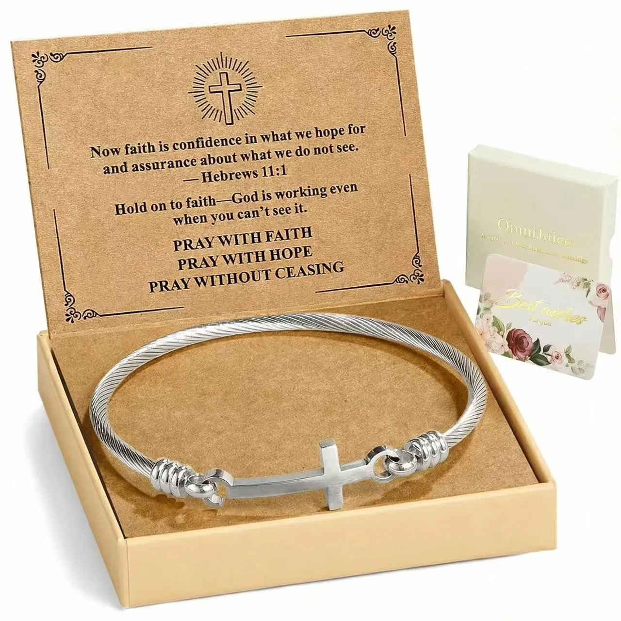 Christian Bracelet for Women, Stainless Steel Cross Bracelet with Faith Card, Inspirational Gifts for Women, Friendship, Birthday, Christmas, or Thanksgiving Gift Box