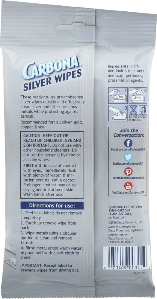 Carbona Silver Wipes | Metal Cleaner & Polish | 12 Wipes, 1 Pack